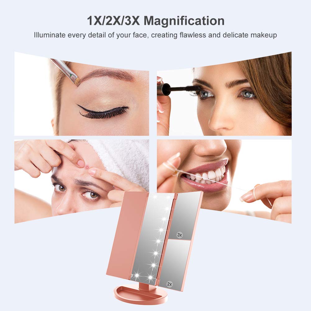 WEILY 21 LED Lighted Makeup Mirror with Touch Screen, 1x/2x/3x Magnification & Dual Power Supply - Tri-Fold Vanity Mirror for Makeup, Skincare, Shaving (Rose Gold) - Perfect for Bedroom, Bathroom & Dressing Table