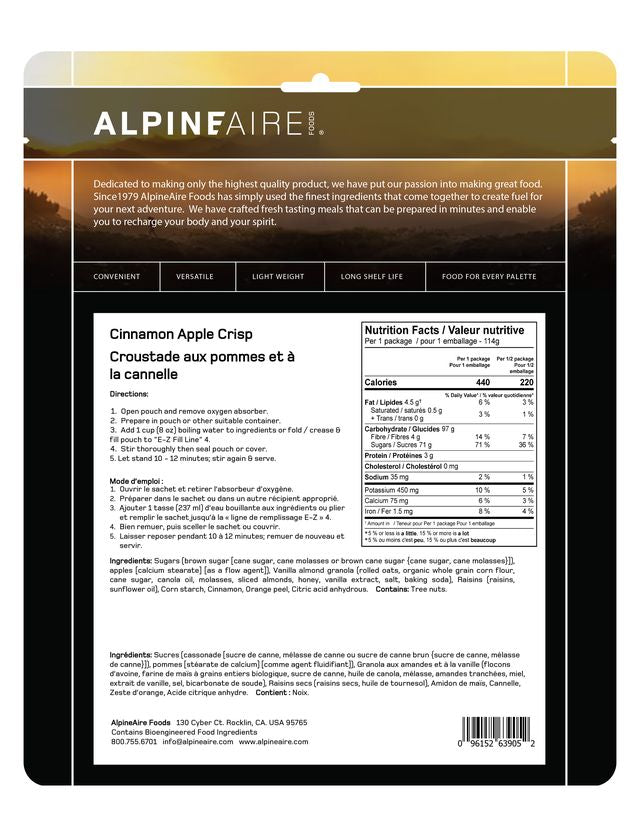 AlpineAire Cinnamon Apple Crisp - Freeze Dried Backpacking & Camping Food - Lightweight Emergency Survival Meal - Perfect for Hiking, Travel & Outdoor Adventures