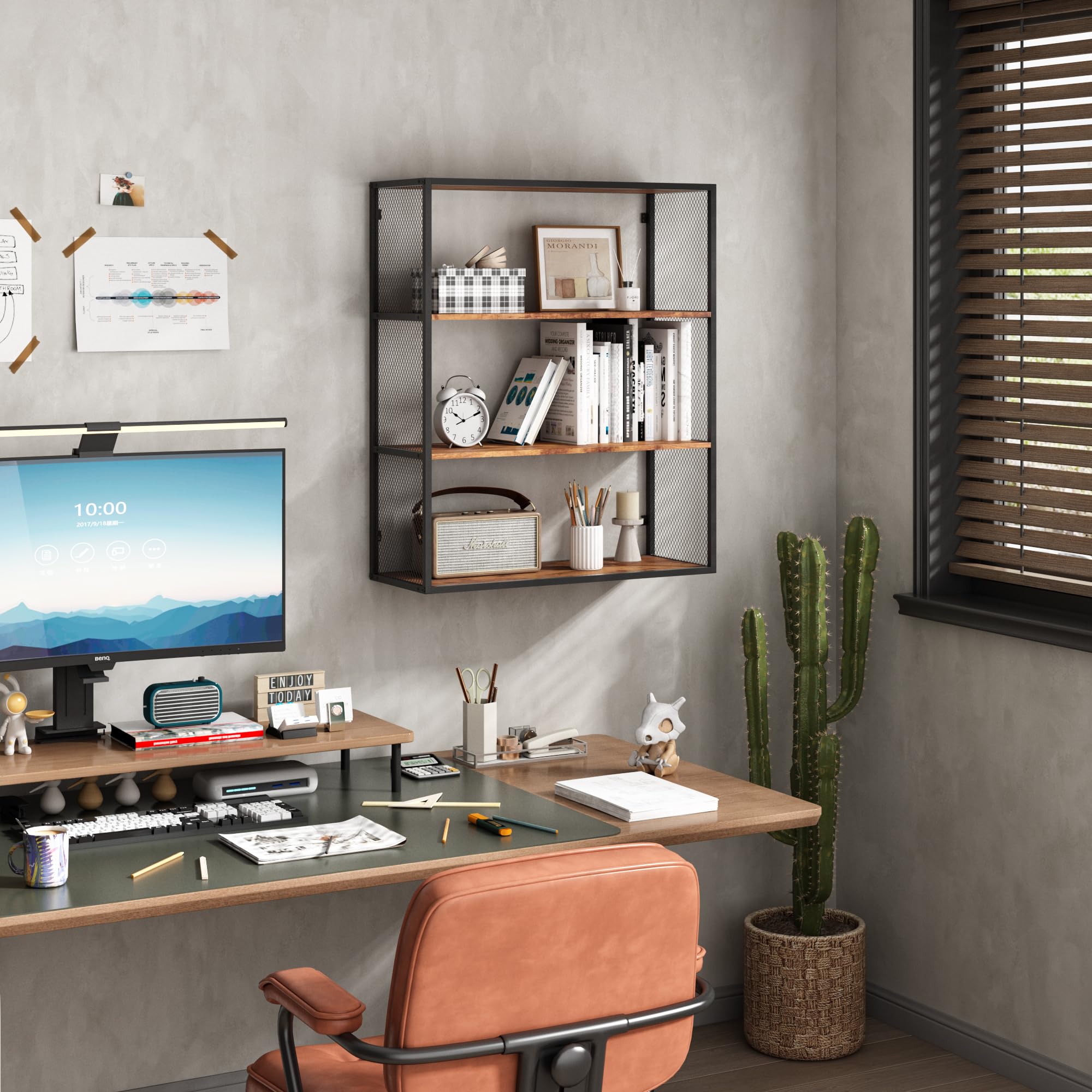 4 Tier Wall Mounted Storage Shelves - Rustic Brown Multipurpose Bookcase for Home, Salon, Barber & Tattoo Shop - Perfect for Organizing Books, Beauty Supplies & Decorative Items