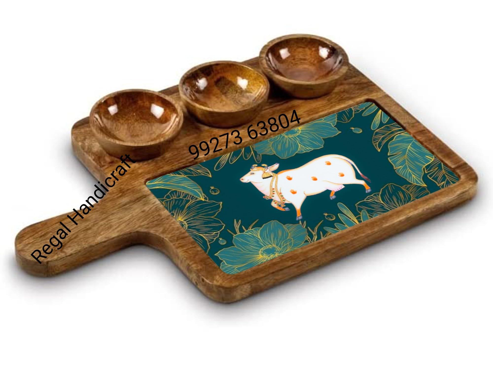 Regal Handicraft Mango Wood Serving Tray with 3 Bowls - 10x16 Inch Multipurpose Appetizer Platter for Cakes, Snacks, Cheese & Fruits - Perfect for Kitchen, Restaurants, Parties & Home Entertaining