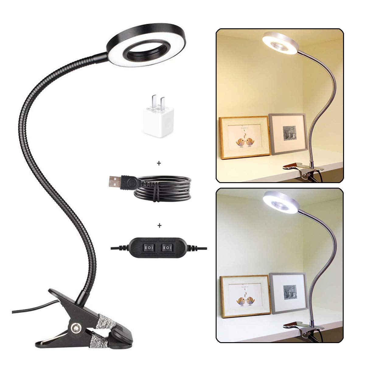 CLOOOUDS 7W LED Clip On Light - USB Powered Reading Lamp with Warm & White Light for Bedroom, Office Desk, Study - Includes Adapter | Perfect for Night Reading, Working, Crafting & Dorm Rooms