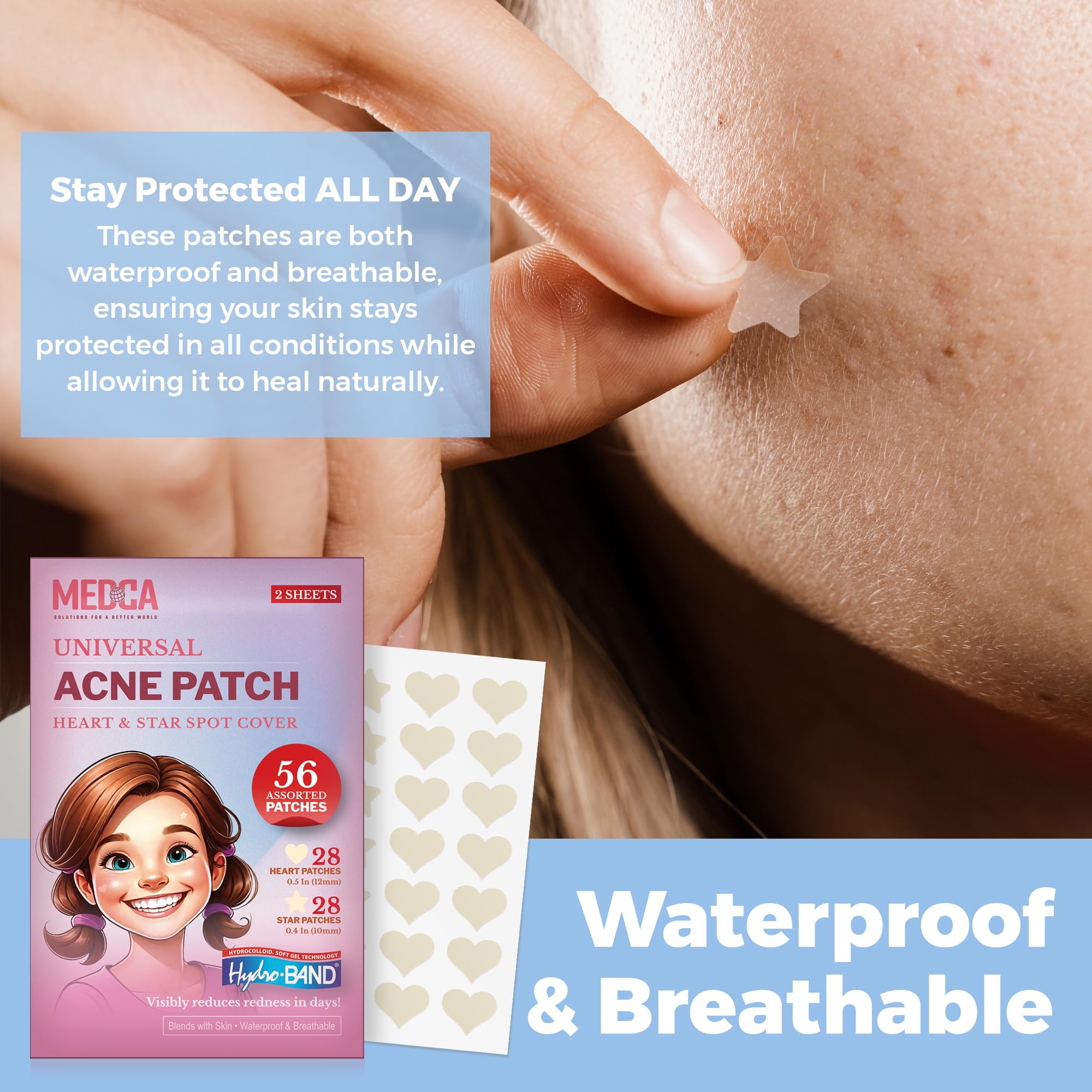 MEDca Acne Patches (56 Count) - Hydrocolloid Pimple Spot Treatment for Face, Absorbing Zit Cover Dots in Heart & Star Shapes | Perfect for Overnight Acne Treatment & Teen Skincare Care