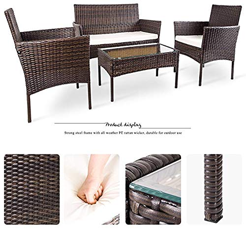 4-Piece Outdoor Patio Furniture Set - PE Wicker Rattan Sofa with Cushions & Tempered Glass Coffee Table - Brown - Perfect for Garden, Poolside, and Backyard Relaxation