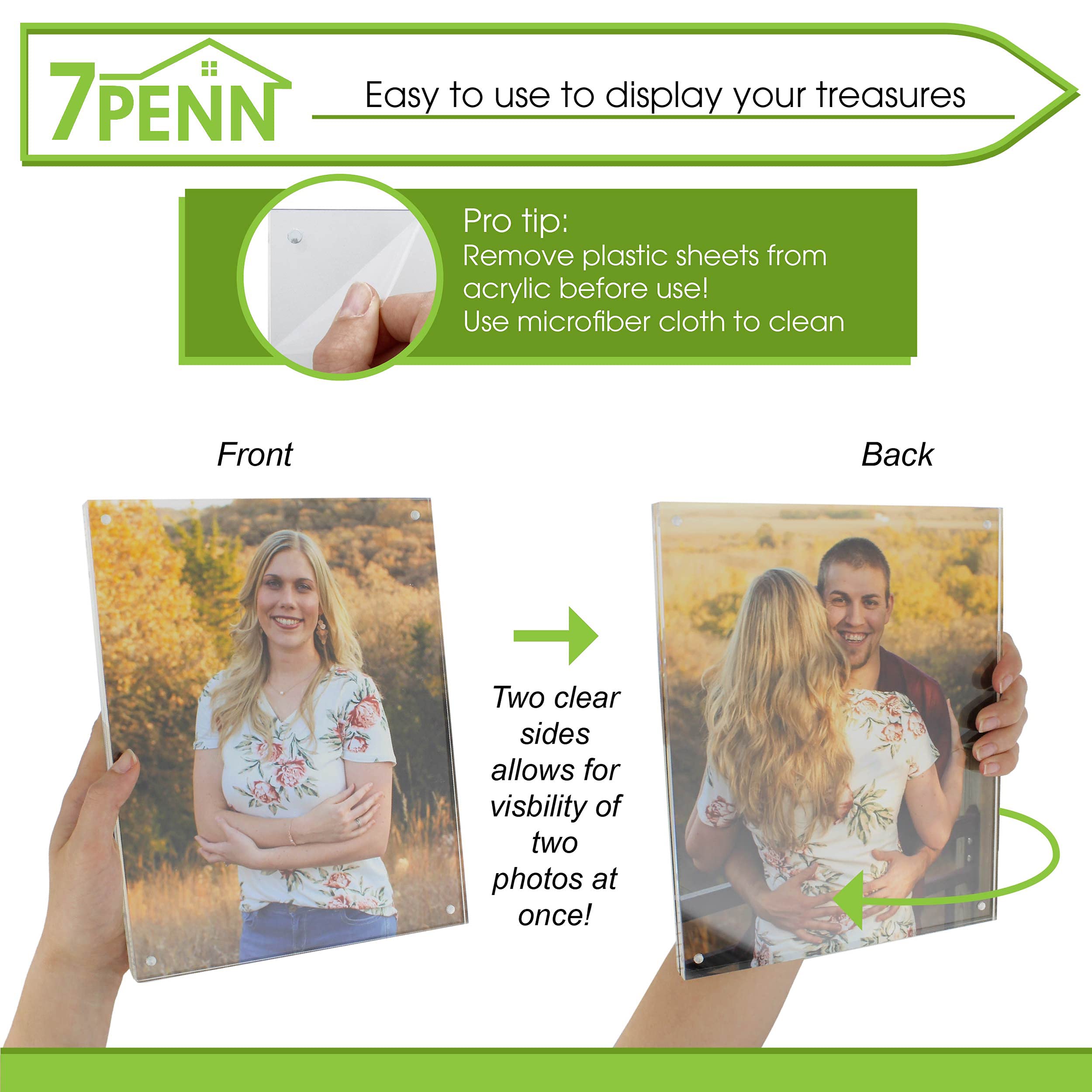 7Penn Acrylic Picture Frames 3-Pack - 8x10 Inch Clear Magnetic Double Sided Photo Frames for Wall & Tabletop Display - Perfect for Home Decor, Office, and Gift Giving