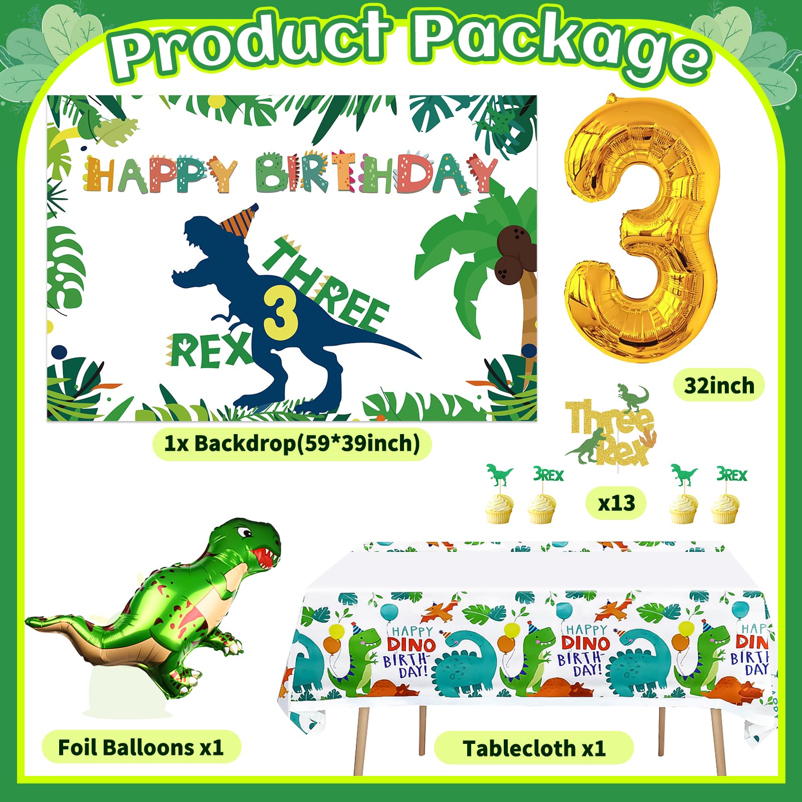 3 Rex Dinosaur Birthday Party Decorations for Boys - 3rd Birthday Backdrop, Balloon Kit, Tablecloth & Cake Toppers | Dino Theme Party Supplies for Kids' Birthday Celebration