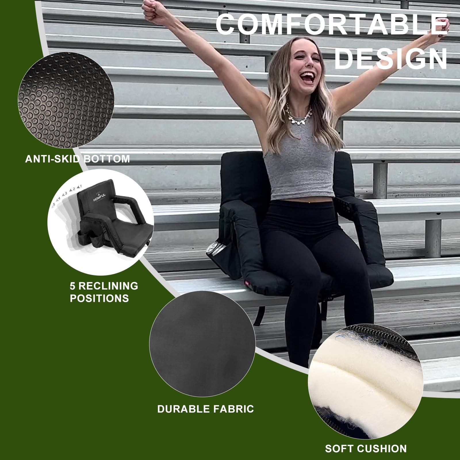 HOMFUL Portable Folding Stadium Chair with Lumbar & Back Support - Padded Reclining Bleacher Seat for Sports Games, Outdoor Camping, Beach Concerts, Picnics & Events - Comfortable Cushioned Seating for Long Hours