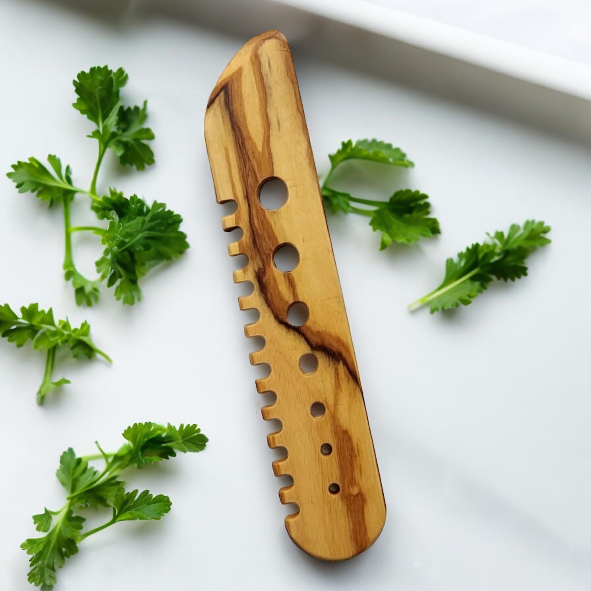 Olive Wood Herb Stripping Tool - Handmade Wooden Cutting Knife for Kitchen - Perfect for Chopping Herbs, Vegetables & Spices - Ideal for Home Chefs & Cooking Enthusiasts