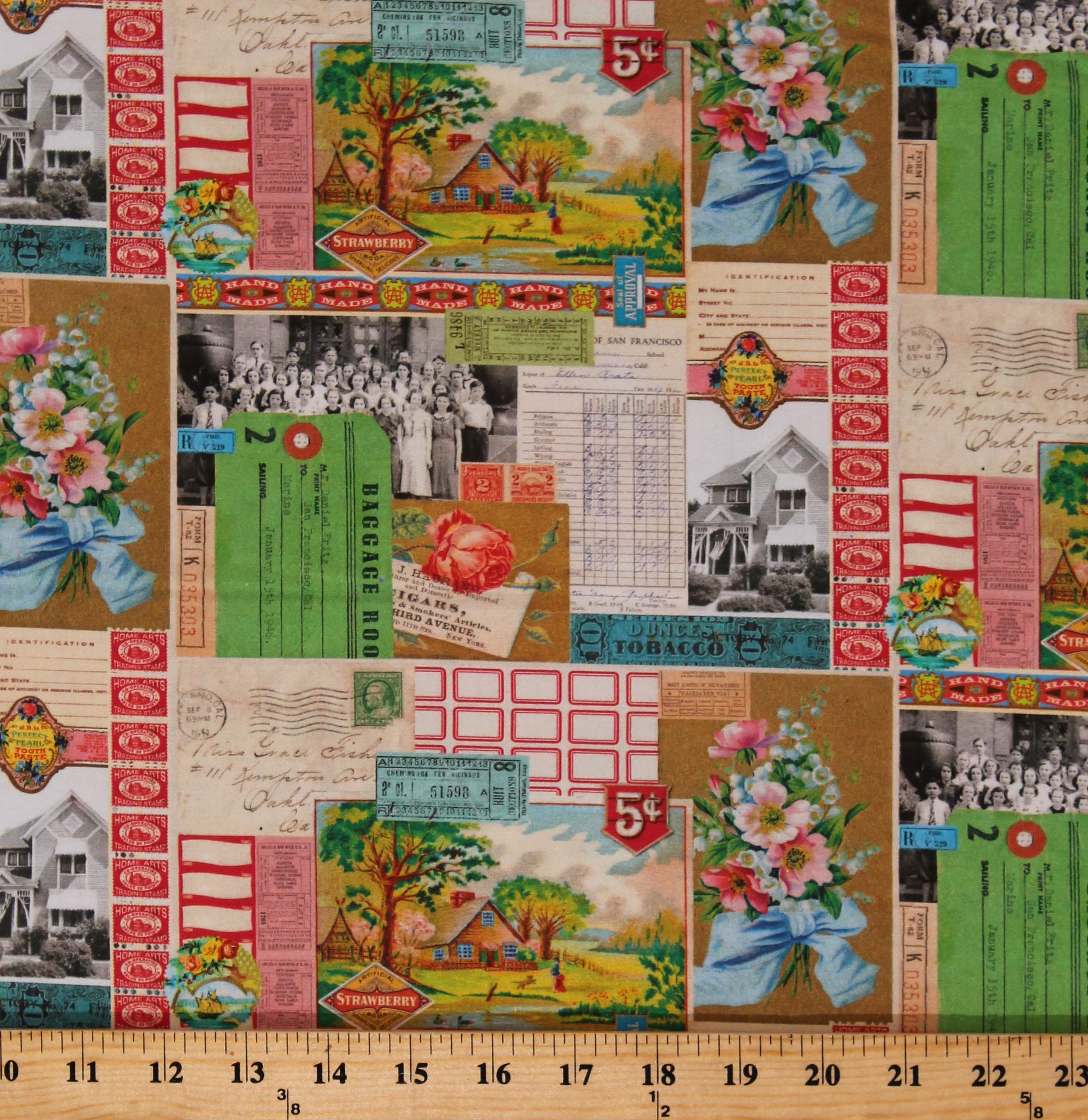 Vintage Cotton Fabric by The Yard - Multi-Color Flea Market Print with Antique Flowers & Houses Design (D579.46) for Quilting, DIY Crafts & Home Decor Projects