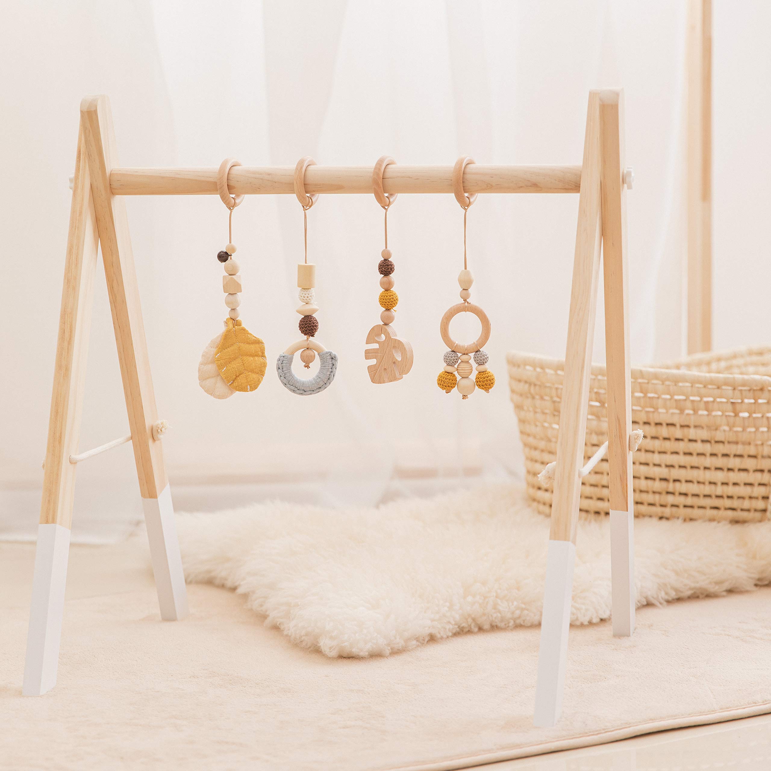 Organic Wooden Baby Play Gym with 4 Hanging Toys - Foldable Activity Center for Newborns & Infants - Montessori Learning Toy for Tummy Time & Sensory Development - Perfect Baby Shower Gift for Nursery or Playroom