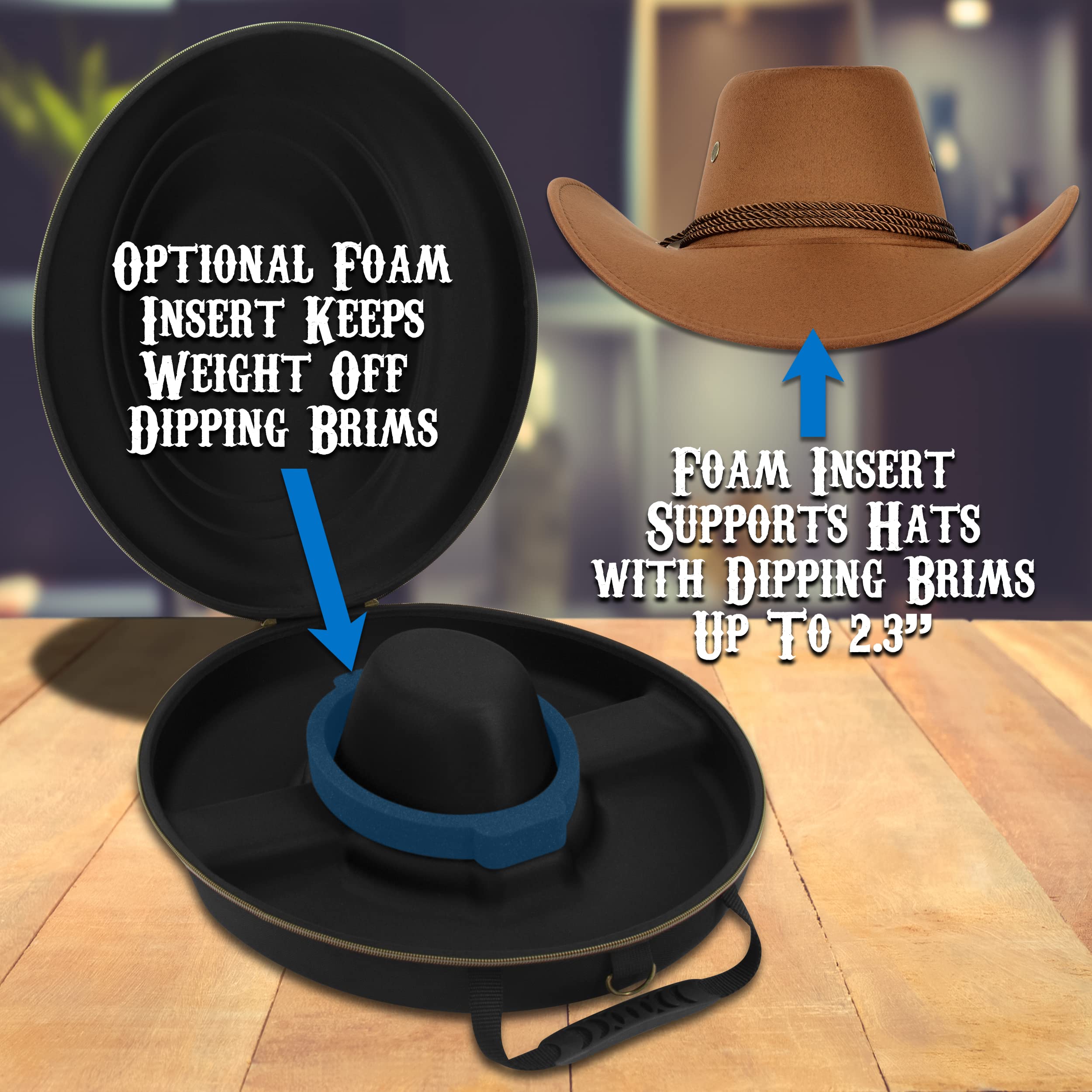 CASEMATIX Cowboy Hat Storage Box - Hard Shell Travel Case with Carry Strap, ID Slot & Foam Insert for Brims Up to 4.75
