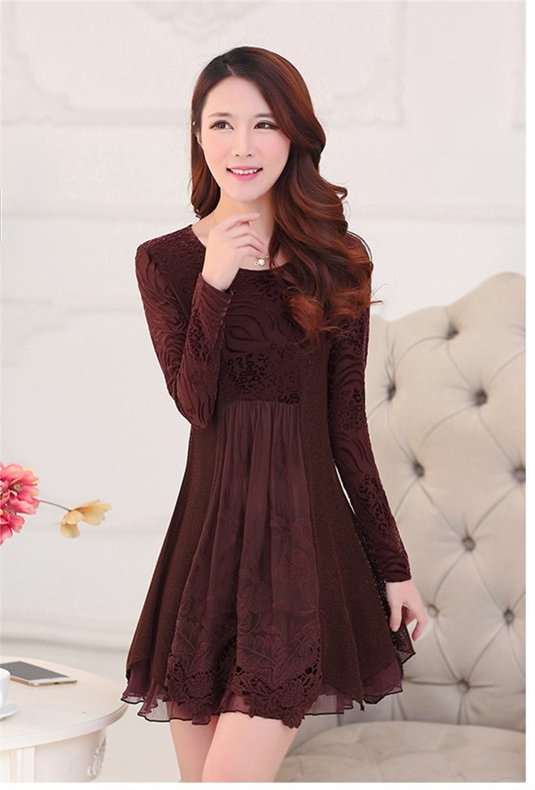 Vintage Lace Stitching Women's Party Dress - Sexy Slim Fit Plus Size 5XL Coffee 4X-Large for Autumn Winter Formal Occasions & Evening Events
