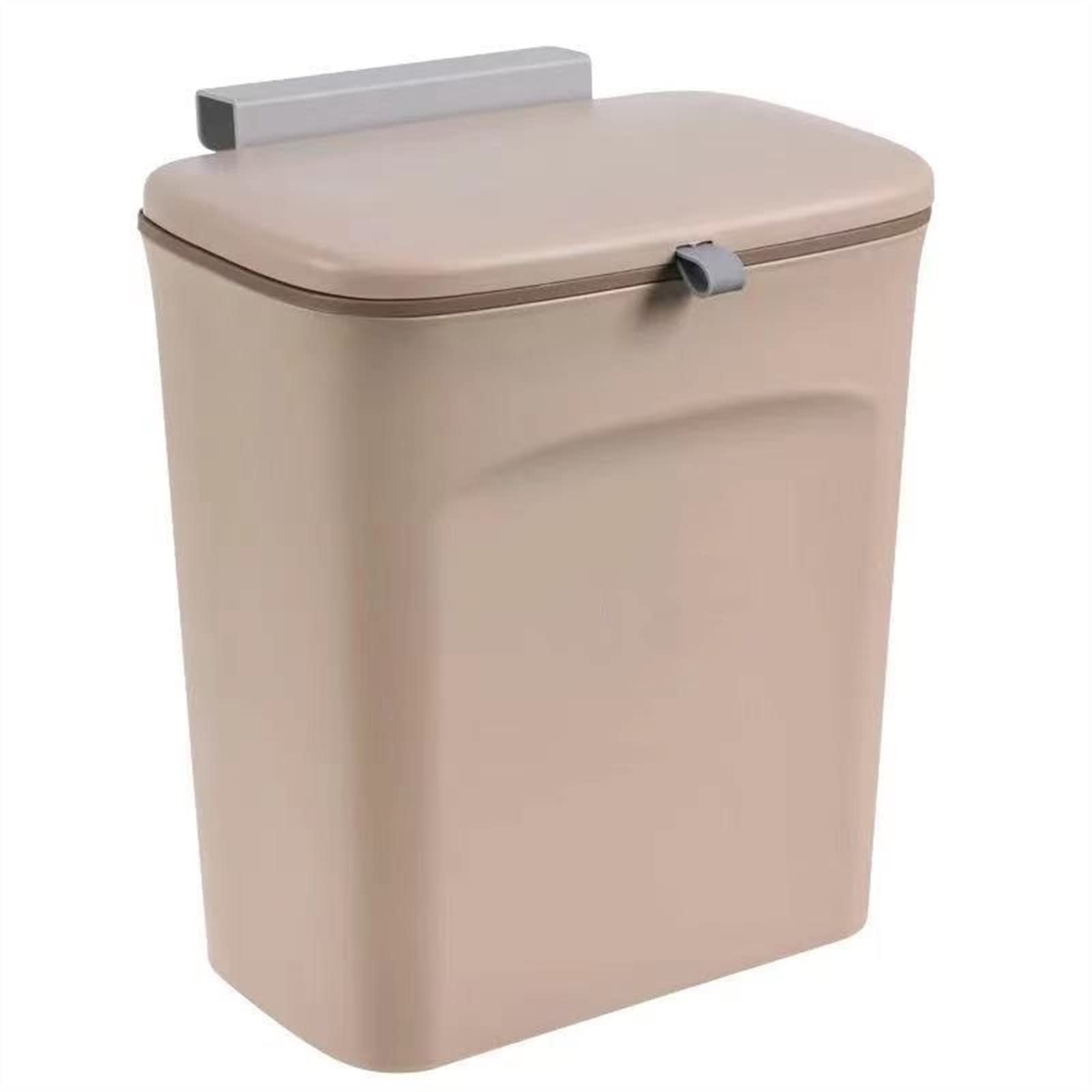 ONGHAHYIS 9L Hanging Trash Can with Lid - Wall Mounted Waste Bin for Kitchen, Cabinet Door, Car & Recycling | Space-Saving Brown Garbage Bin for Home, Office & RV Use