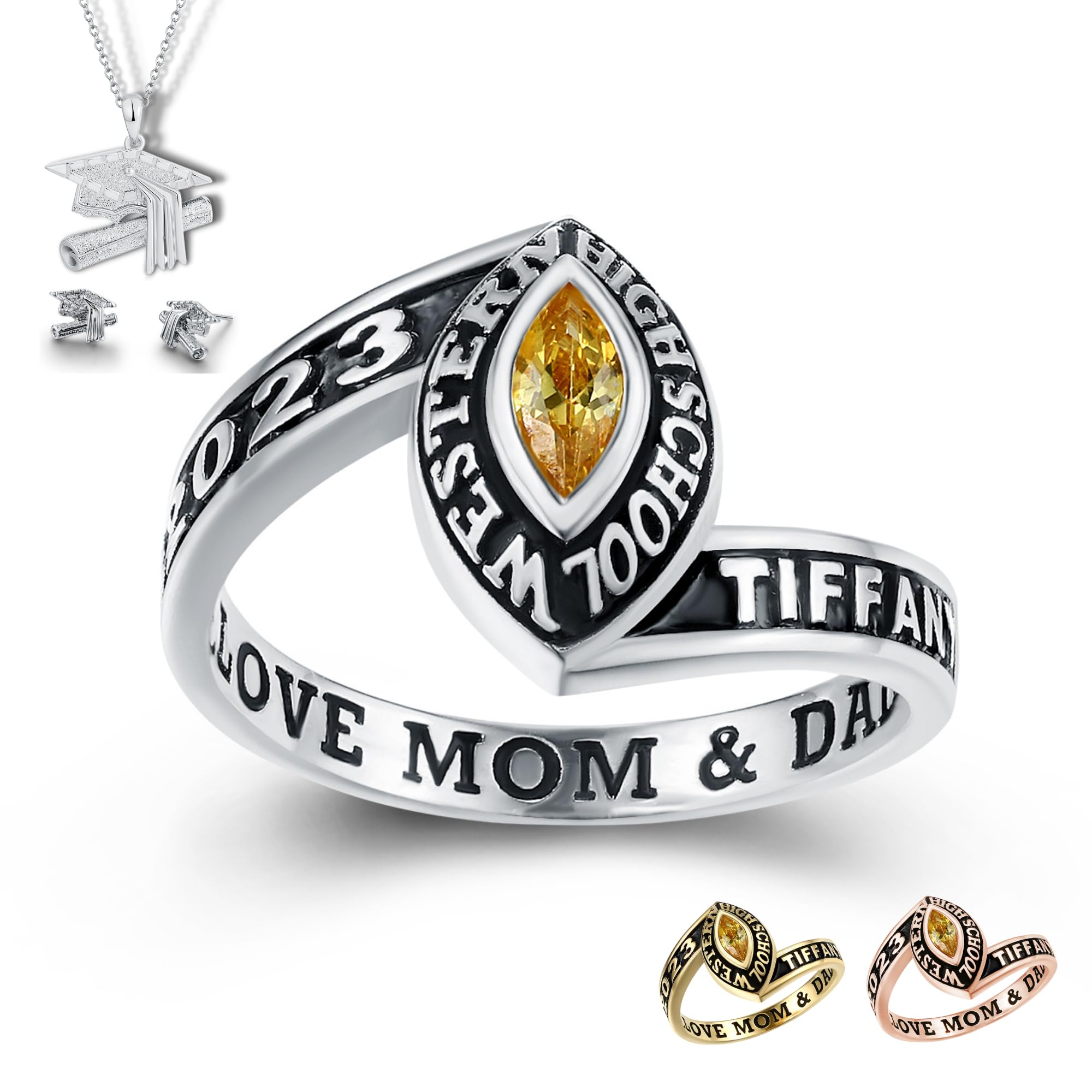 PJM Authentic Women's Class Ring – 925 Sterling Silver or 10KT Gold – Custom High School College University Graduation Ring – Personalized Jewelry Gift for Her – Perfect for Graduation Ceremonies, Alumni Reunions & Special Occasions