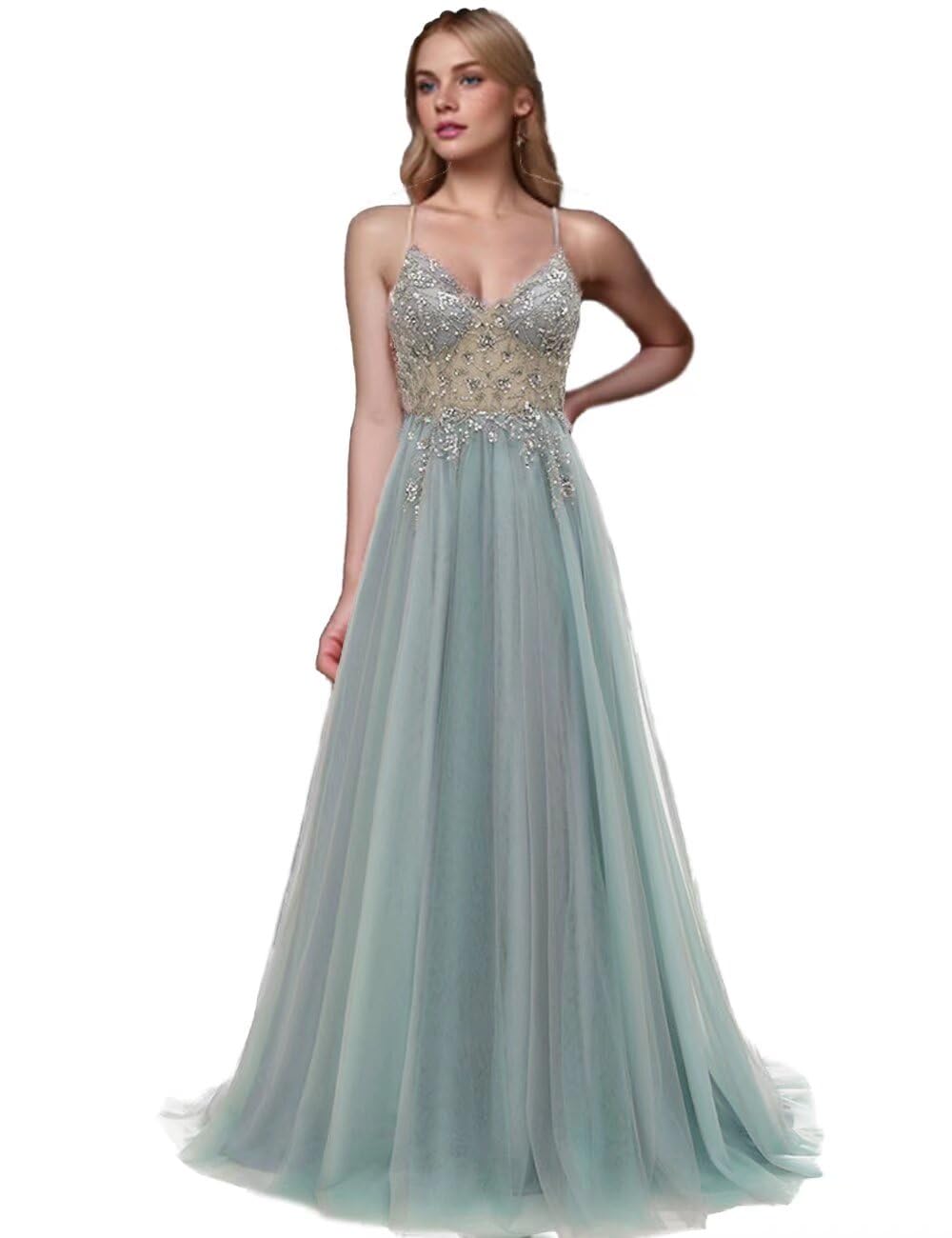 2024 Beaded Prom Dresses for Women - Sexy Long V-Neck Tulle Evening Gown with Crystal Embellishments & High Slit | Perfect for Homecoming, Formal Parties & Special Occasions