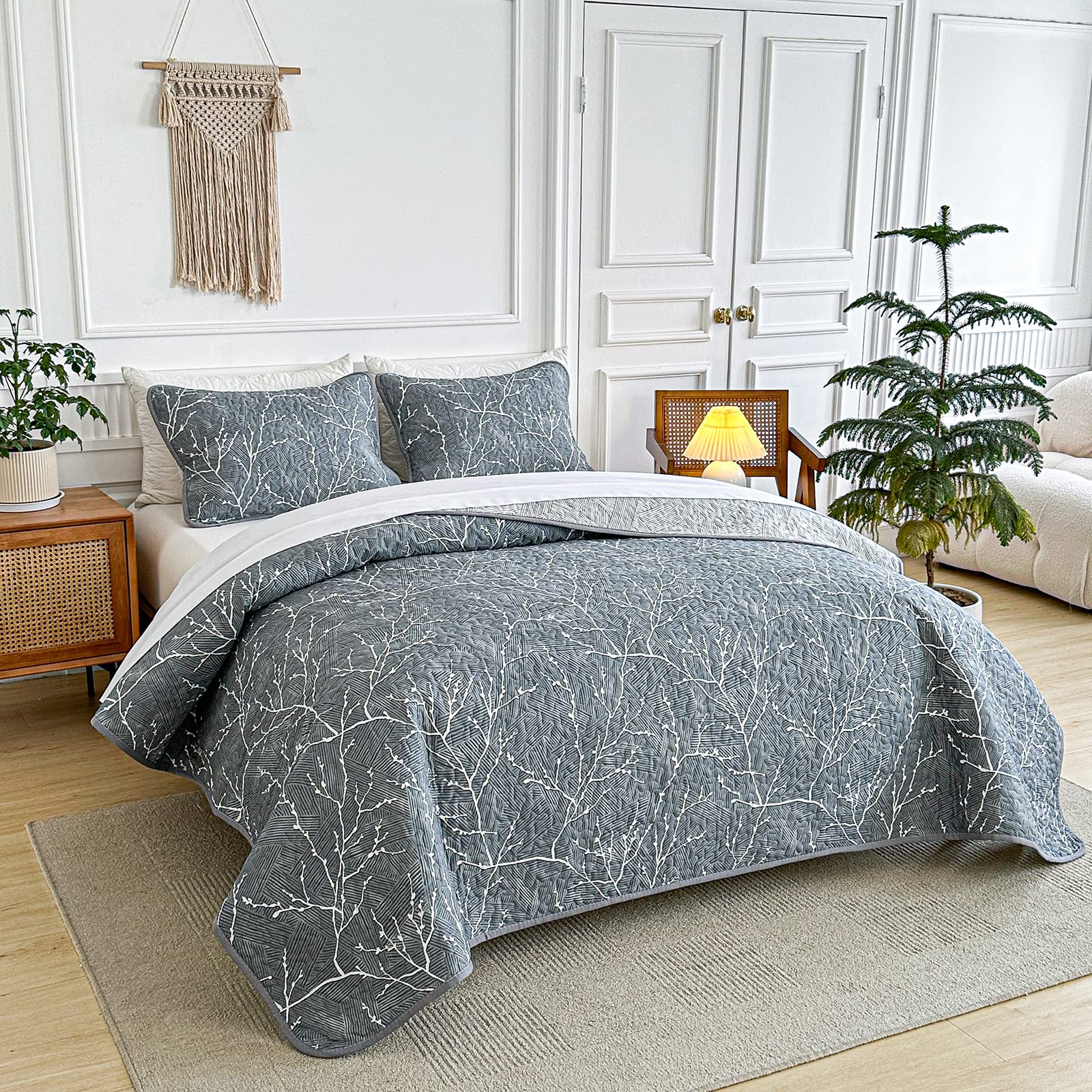 Soft Reversible 2-Piece Gray Cotton Quilt Set with White Branch Design - Twin Size Bedspread & 2 Pillow Shams | Cozy Bedroom Decor for Guest Rooms, Dorms & Modern Homes