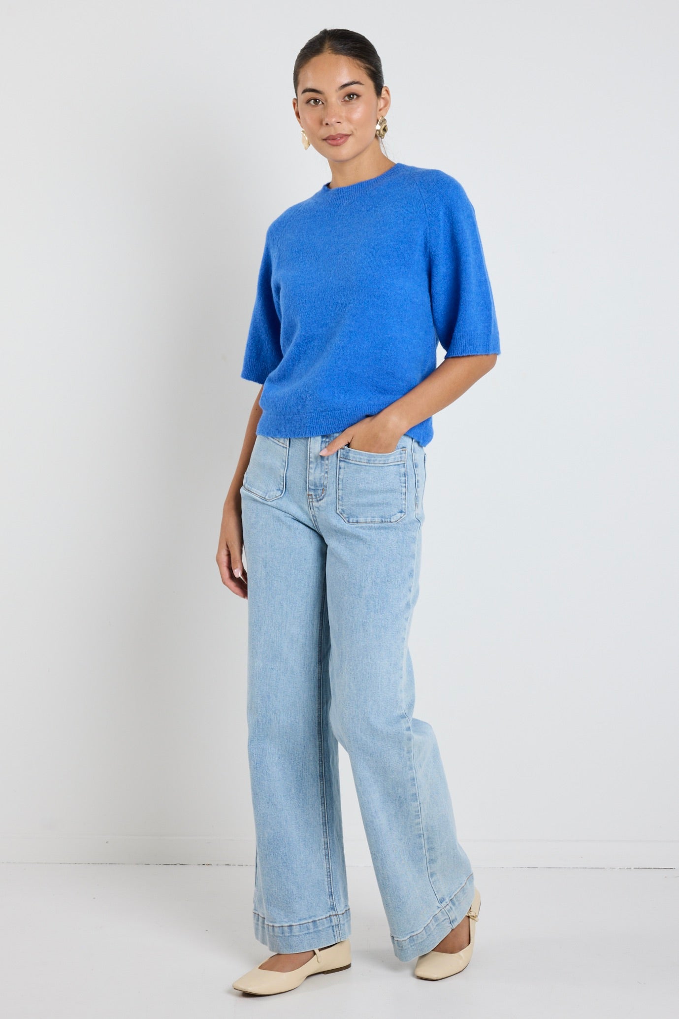 Assembled Azure Blue Alpaca Blend Raglan Knit Tee - Soft & Comfortable Women's Casual Top for Everyday Wear