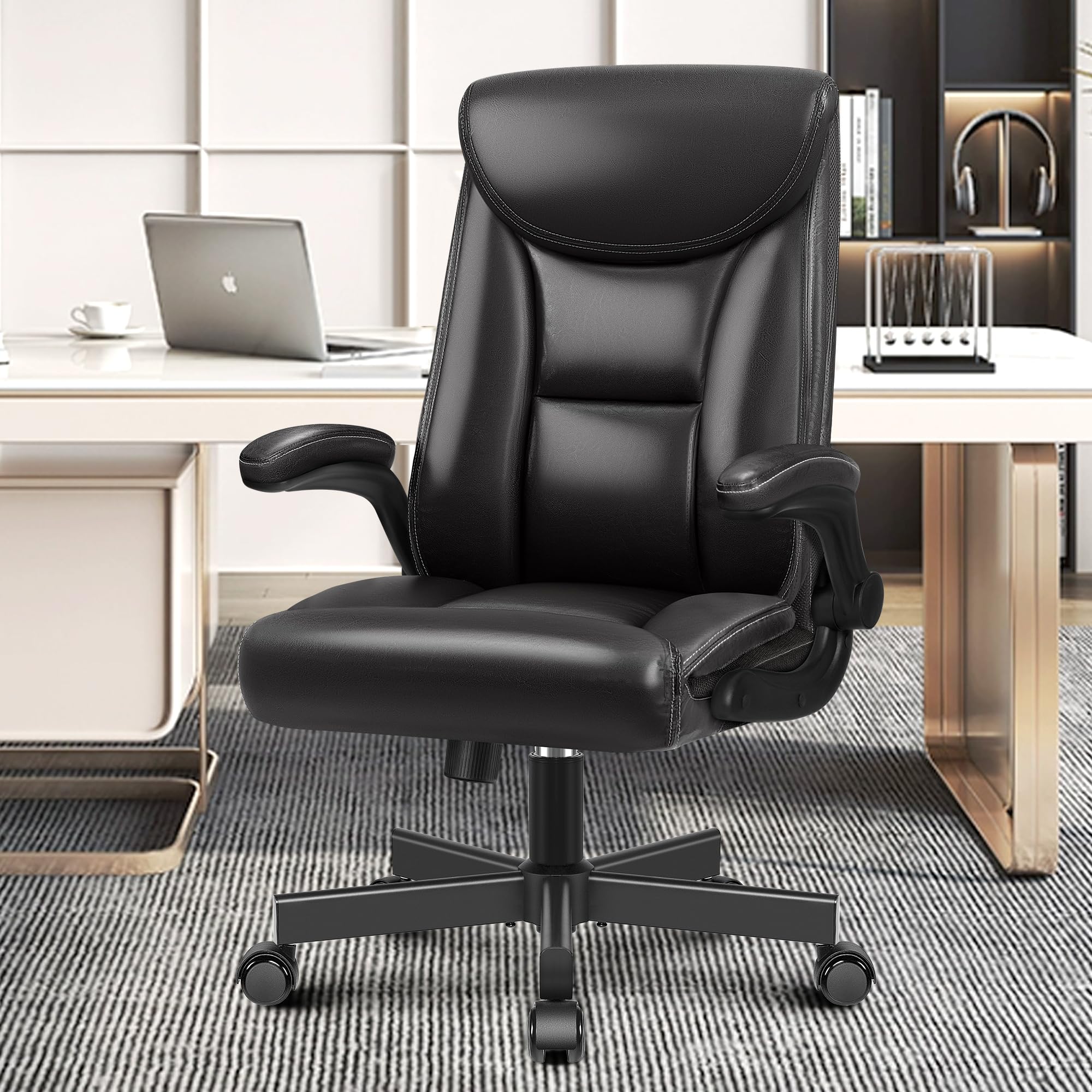 Premium Ergonomic Executive Office Chair - High Back Leather Desk Chair with Adjustable Flip-Up Arms for Big & Tall Users - Glossy Black - Ideal for Home Office, Gaming & Professional Workspaces