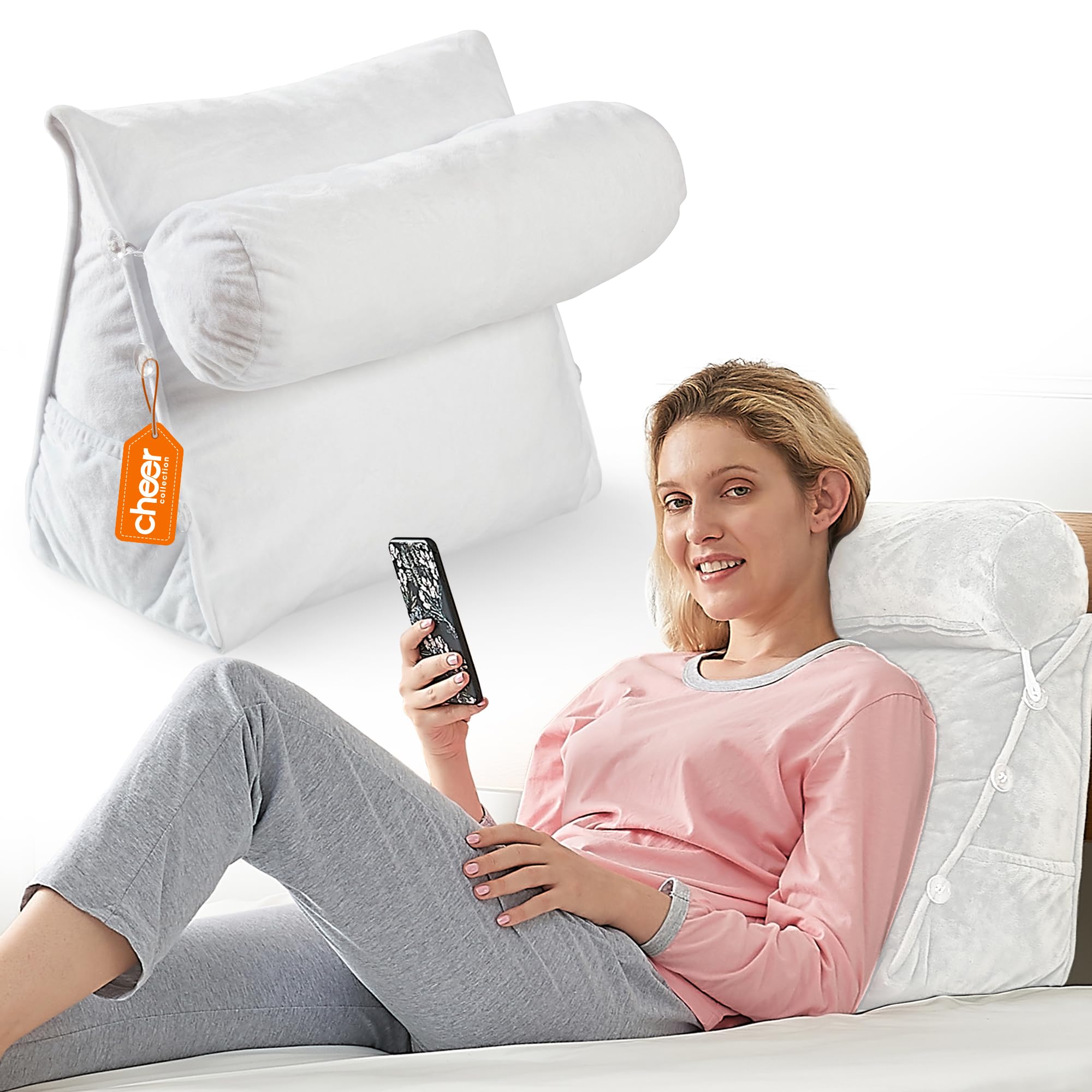 **Cheer Collection Memory Foam Reading Wedge Pillow – Adjustable Back Support Pillow for Couch, Bed & Chair – Comfortable TV & Reading Pillow for Adults & Kids (White) – Perfect for Relaxing, Watching TV & Reading in Bed**