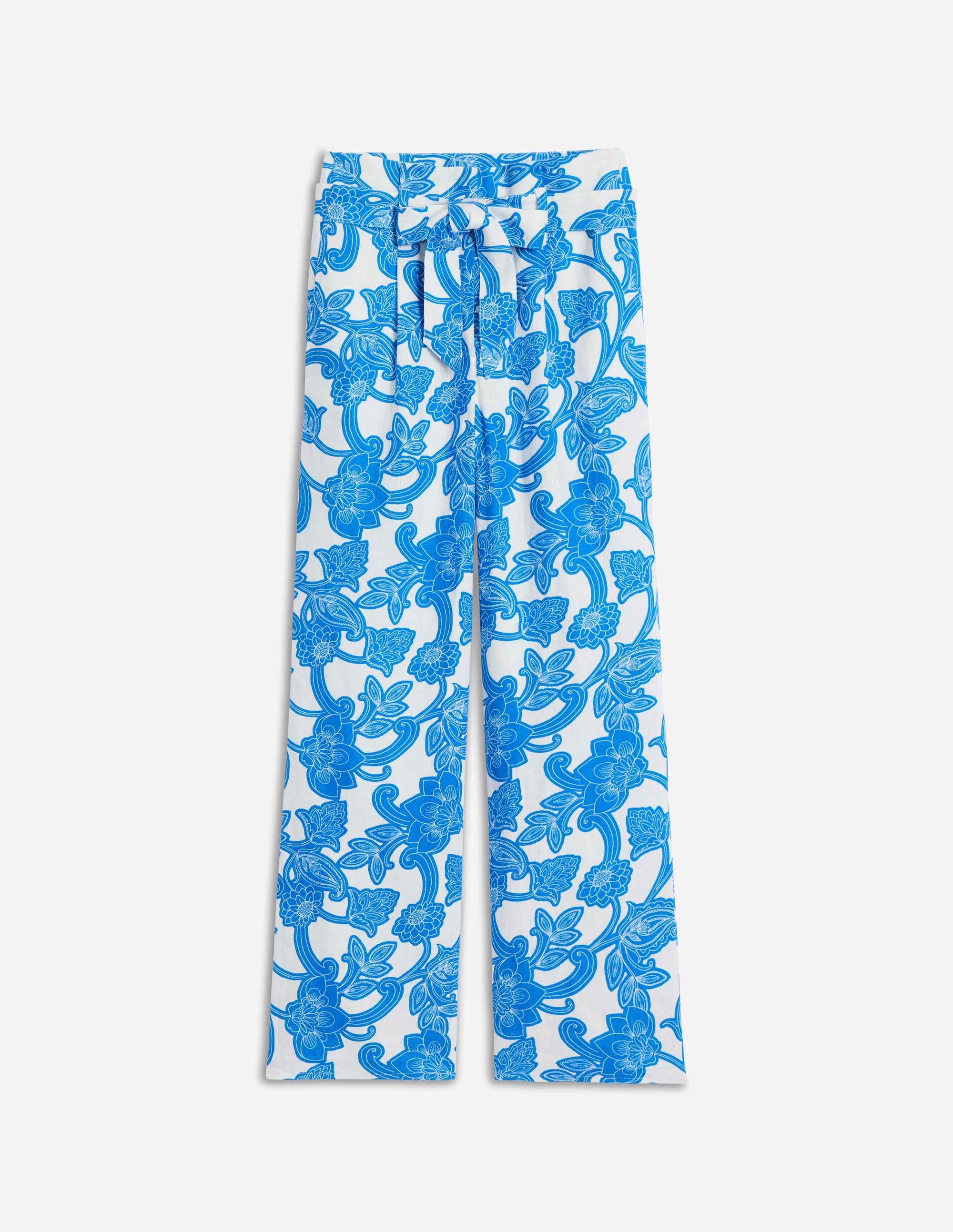 Cerulean Blue Belted Linen Pants with Paisley Whirl Design - Comfortable Summer Casual Wear for Women | Perfect for Beach, Vacation and Boho Style Outfits