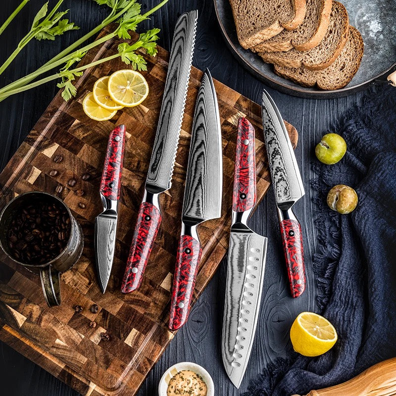 Premium Japanese Chef Knife Set - VG-10 Damascus Steel Blade & Red Carbon Fiber Handle for Professional Cooking, Sushi, and Meat Cutting - Perfect for Home Chefs and Culinary Enthusiasts