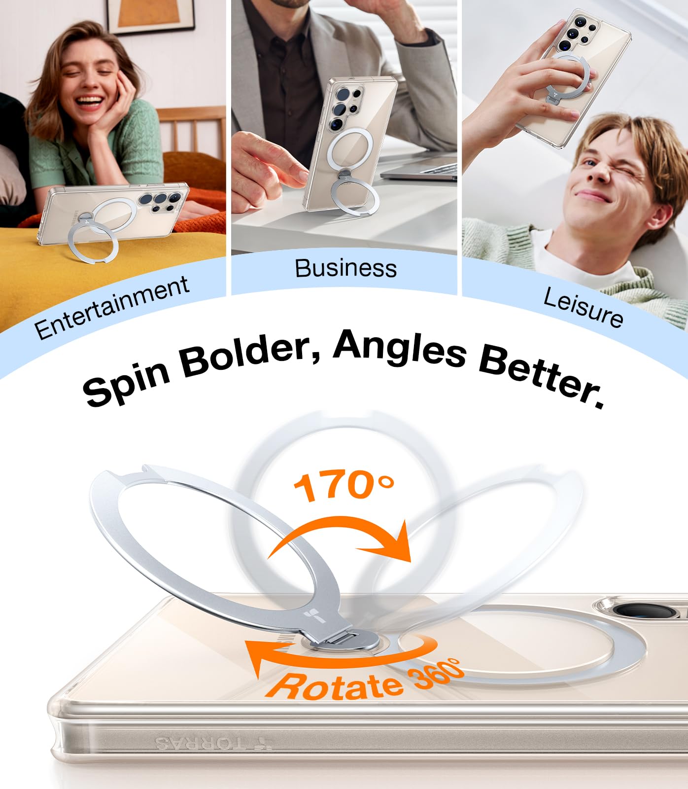 TORRAS 360° Rotating Magnetic Stand Case for Samsung Galaxy S25 Ultra - Slim Military-Grade Hard PC Protective Cover with Magsafe Compatibility, Built-in Kickstand & Ring Holder (Ostand Spin, Clear) - Perfect for Work, Travel and Hands-Free Viewing
