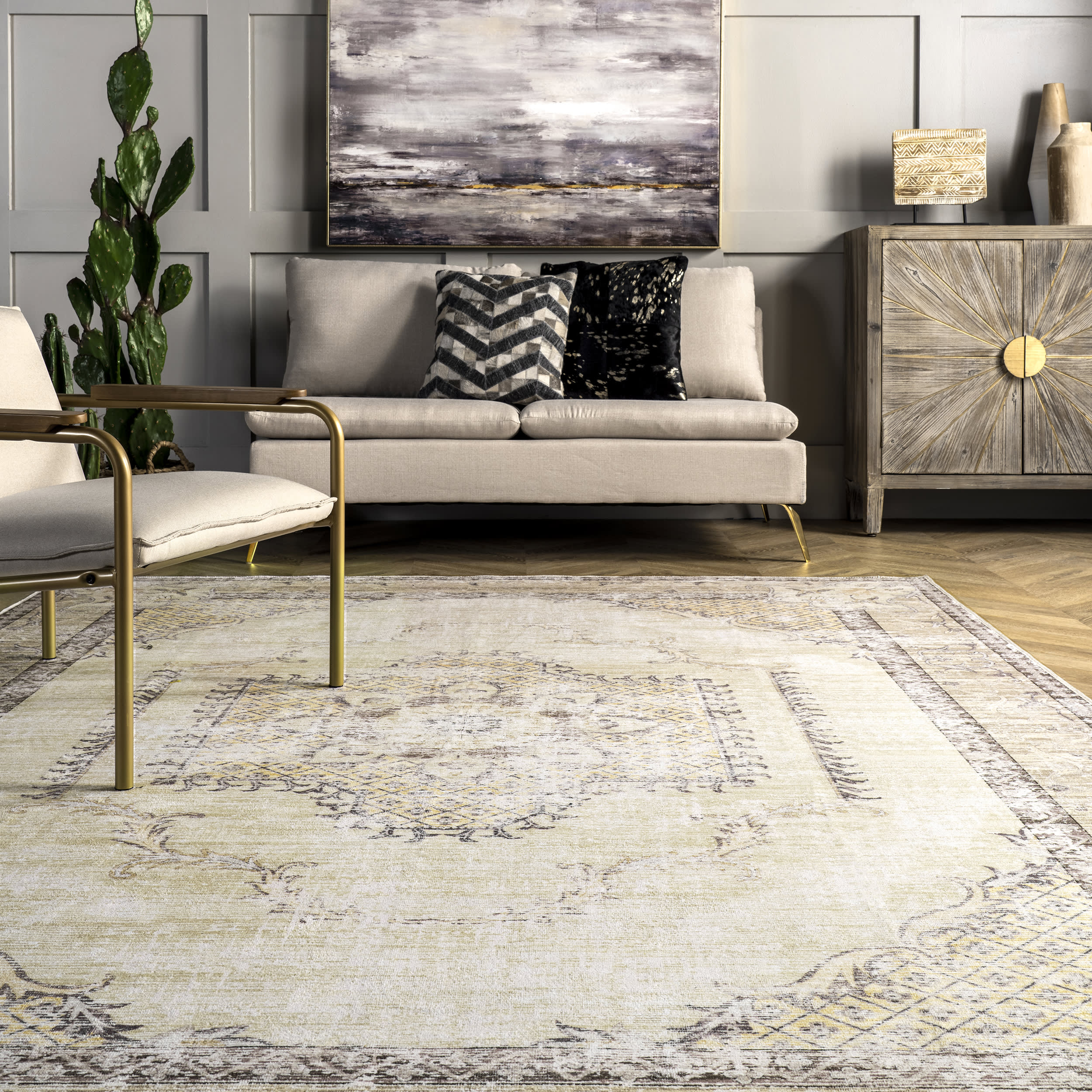 Burr Medallion Washable Rug - Soft Cream Area Rug for Living Room, Bedroom, Dining Room | Machine Washable, Stain Resistant, Non-Slip Backing | Perfect for Home Decor and High Traffic Areas