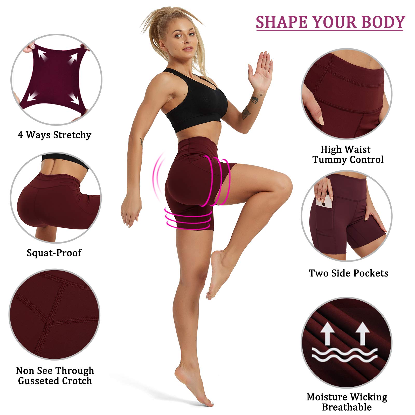 Rataves Women's 6 Inch Athletic Yoga Shorts with Pockets - High Waisted Tummy Control Workout Shorts for Yoga, Running, Hiking & Gym - Comfortable Breathable Activewear for Women