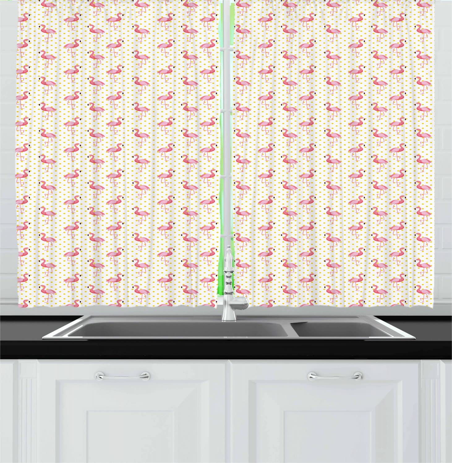Ambesonne Flamingo Print Long Kitchen Curtains - Exotic Bird Design with Polka Dot Background - 2 Panel Rod Pocket Drapes 55