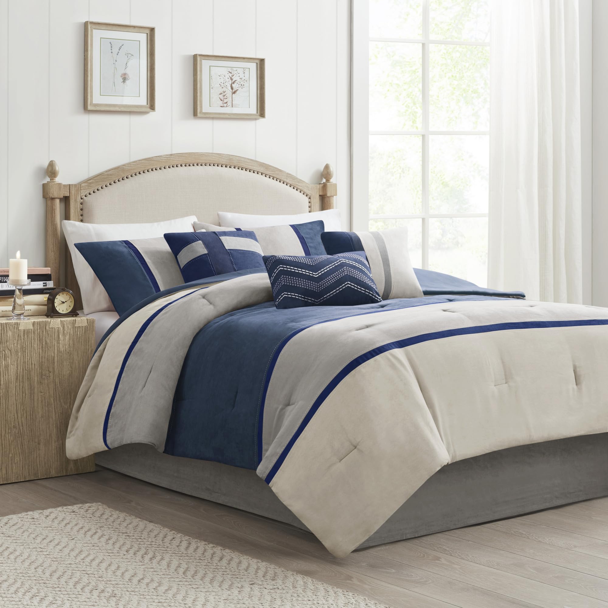 Madison Park Palisades 7-Piece King Comforter Set - Modern Faux Suede Striped Design, All-Season Down Alternative Bedding with Matching Shams & Decorative Pillows (104