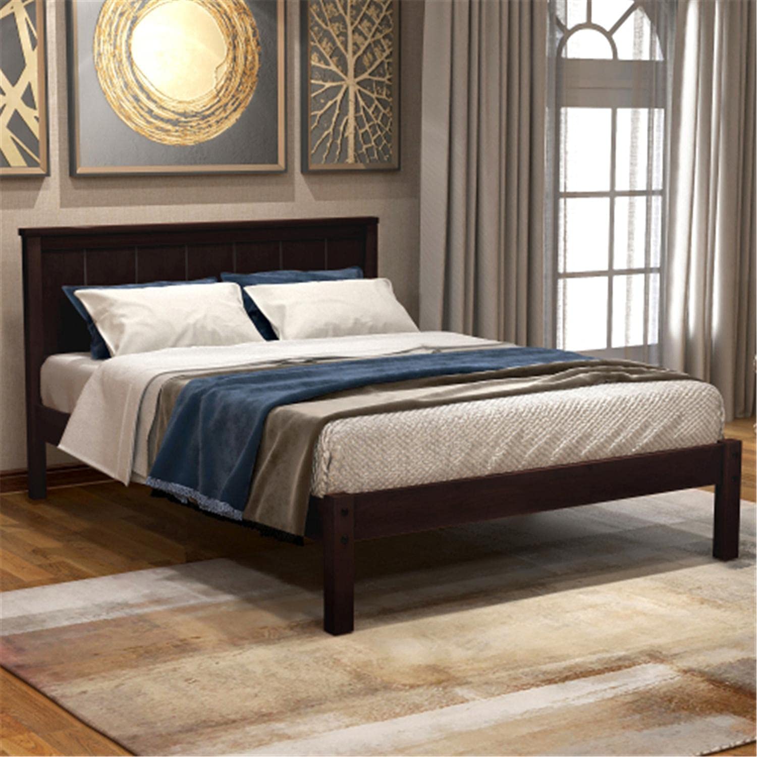 Twin Size Wooden Platform Bed Frame with Headboard for Kids & Teens - No Box Spring Needed - Espresso Finish - Perfect for Small Bedrooms, Dorms, and Guest Rooms