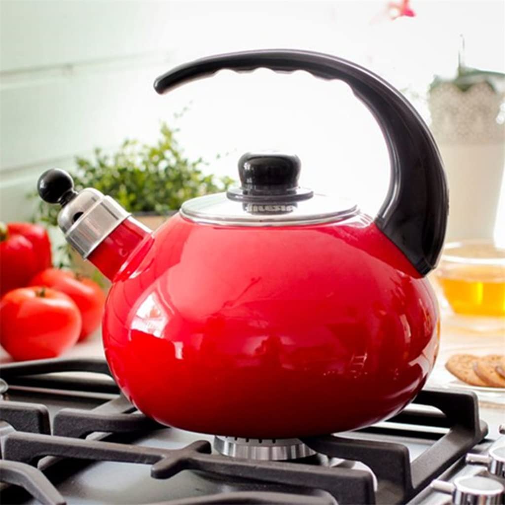 Stainless Steel Large Capacity 2.5L Enamel Whistle Tea Kettle - Red & White Retro Design for Gas & Induction Cooktops - Perfect for Tea Brewing, Coffee Making & Kitchen Decor (Color: B)