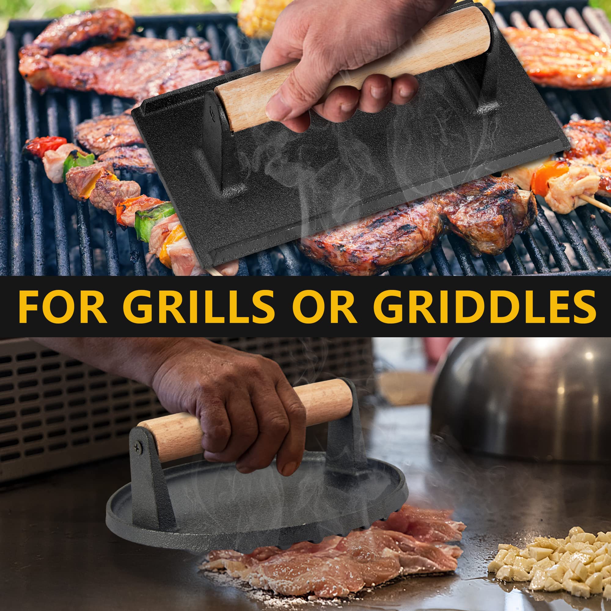 Leonyo 4-Piece Heavy Duty Cast Iron Smash Burger Press Set - Perfect for Griddles, Flat Top Grills, Bacon, Steaks & Sandwiches - Ideal for BBQ, Restaurants & Home Cooking