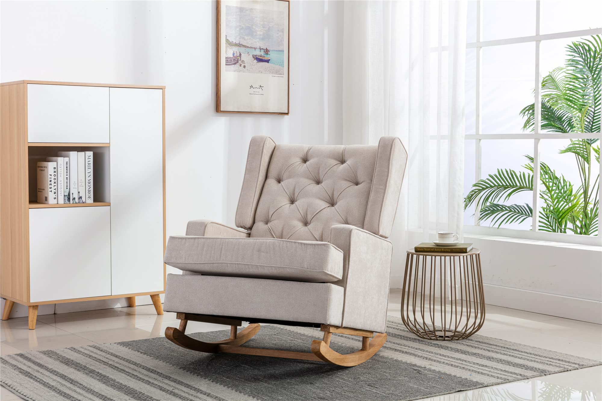 Modern Tufted Wingback Rocking Chair - Nursery Accent Chair & Baby Upholstered Glider Rocker for Bedroom, Living Room, Study | Blue & Beige Options | Perfect for Nursing, Reading & Relaxing