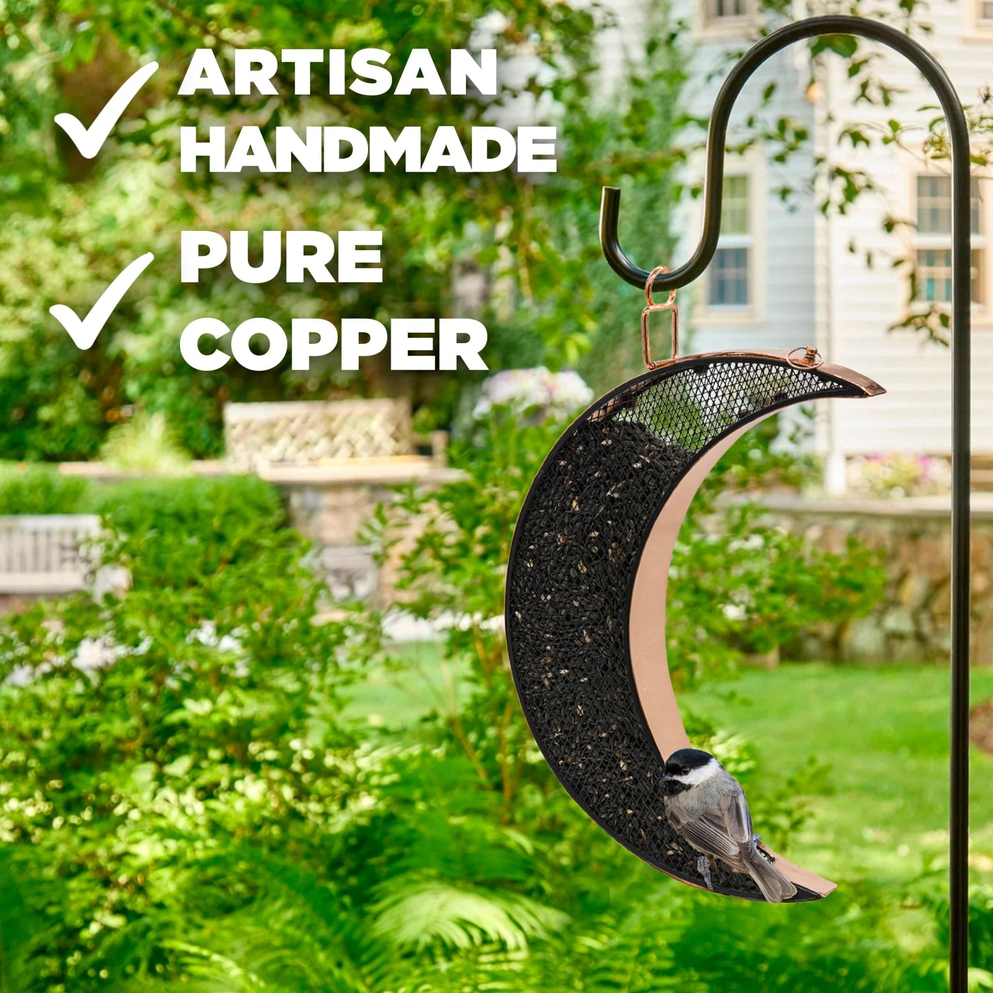 Over The Moon Copper Bird Feeder with Mesh Panels - Durable Outdoor Garden Decor for Attracting Wild Birds - Perfect for Backyard, Patio, and Nature Lovers