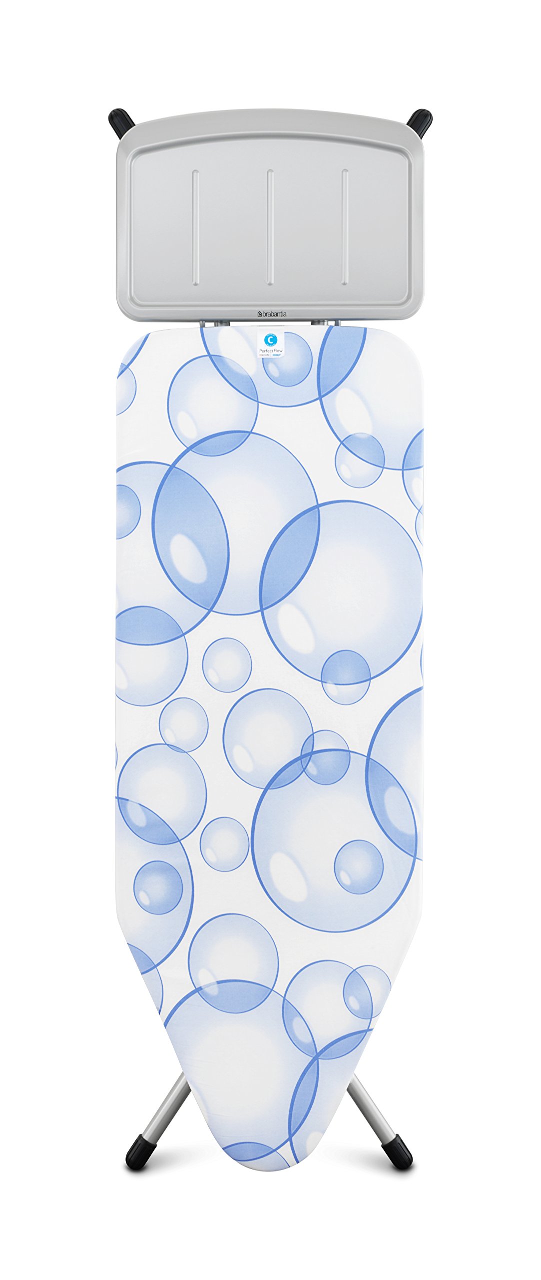 Brabantia PerfectFlow Ironing Board with Faster Ironing Cover - Stainless Steel, Blue Bubbles Design, 49 x 18 Inches - Premium Fabric Ironing Board Cover for Home & Professional Use - Ideal for Clothes, Linens & Fabric Care