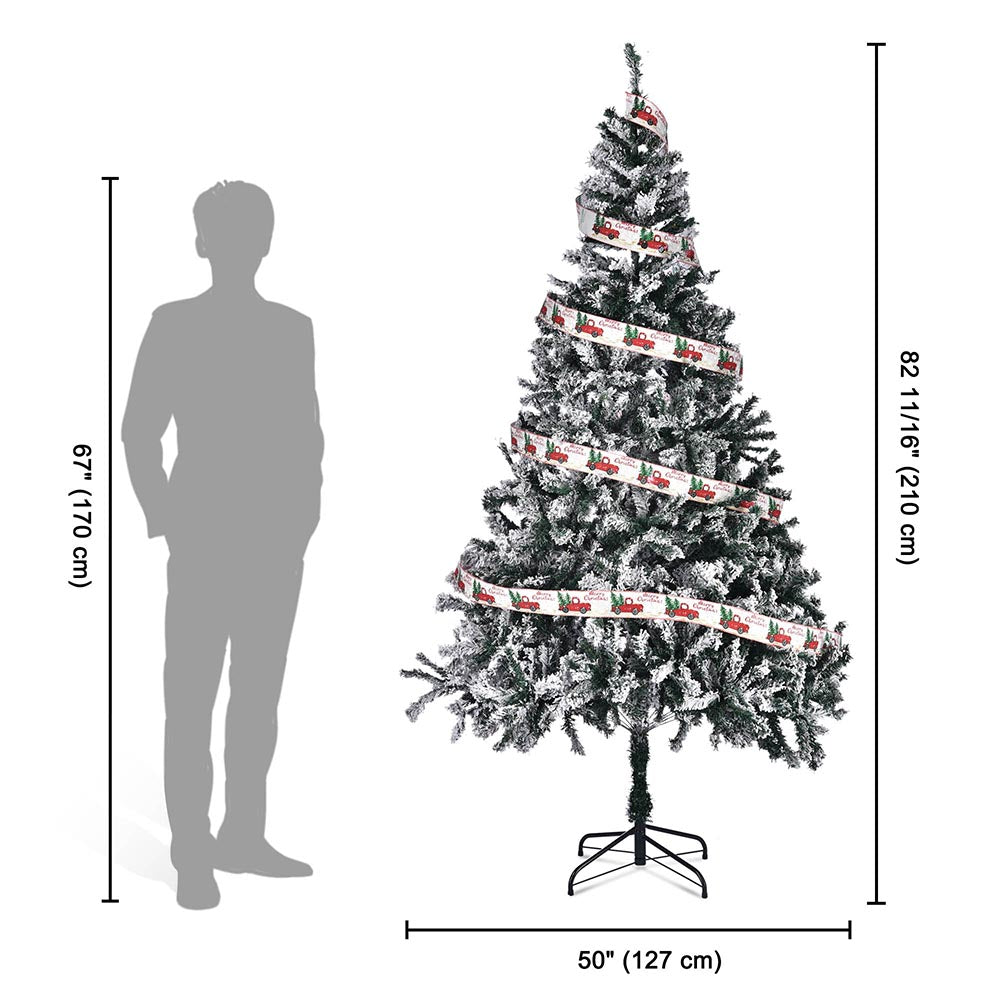 7.5ft Pre-Lit Frosted Christmas Tree with Decorative Ribbon & Metal Stand - Perfect for Home, Office, and Holiday Decorations