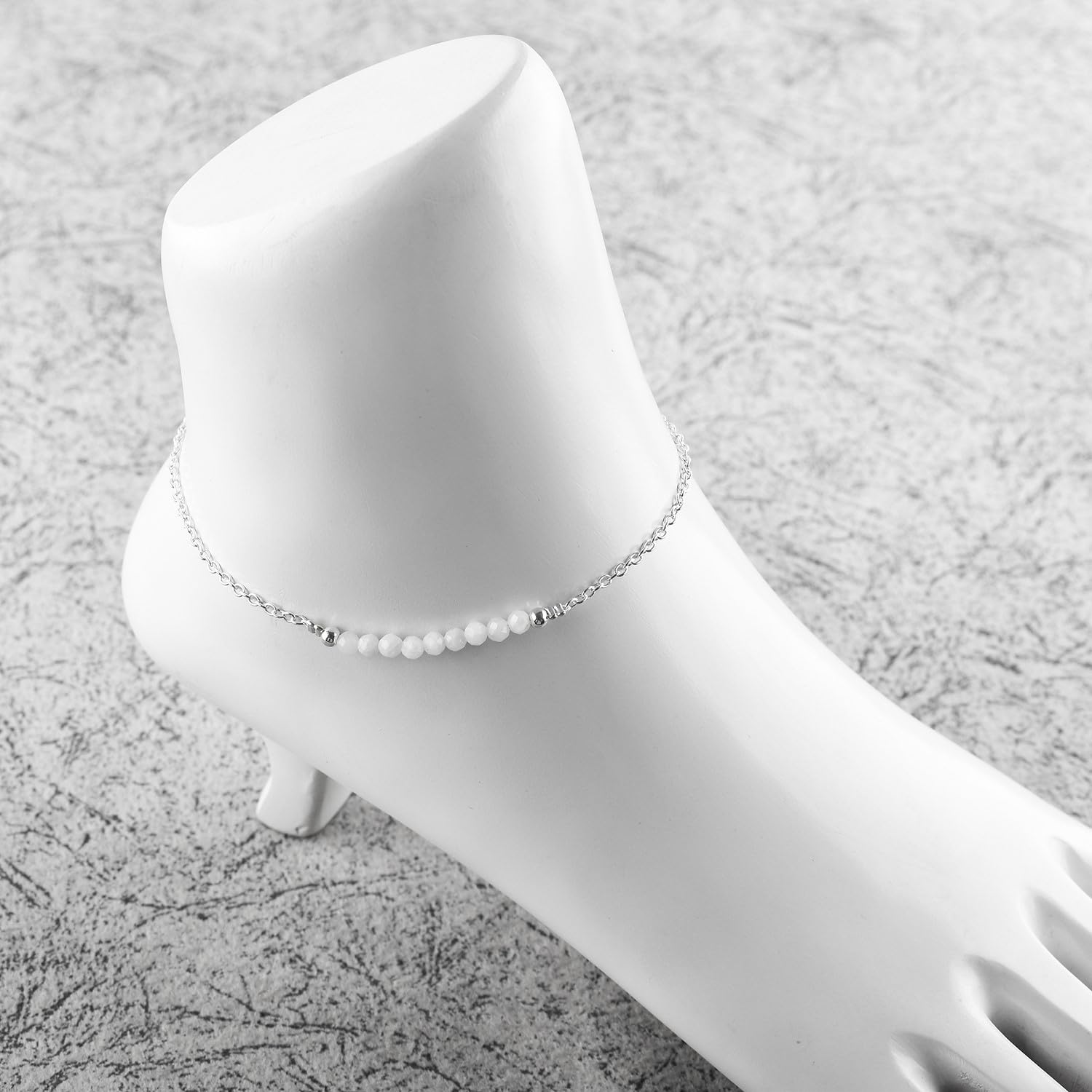 Natural White Moonstone Gemstone Beaded Anklet Bracelet - Handmade Silver Plated Adjustable Ankle Bracelet for Women | Spiritual Healing Jewelry, Mindfulness Gift for Yoga, Meditation & Boho Style