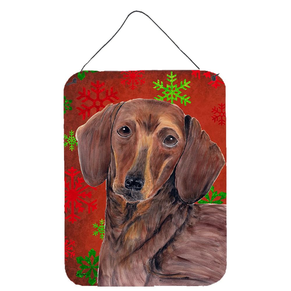 Caroline's Treasures Dachshund Christmas Metal Sign - Red & Green Snowflakes Holiday Wall Decor for Kitchen, Bathroom, Front Door - 12 Inch Aluminum Plaque | Perfect for Christmas Home Decor & Gift Giving