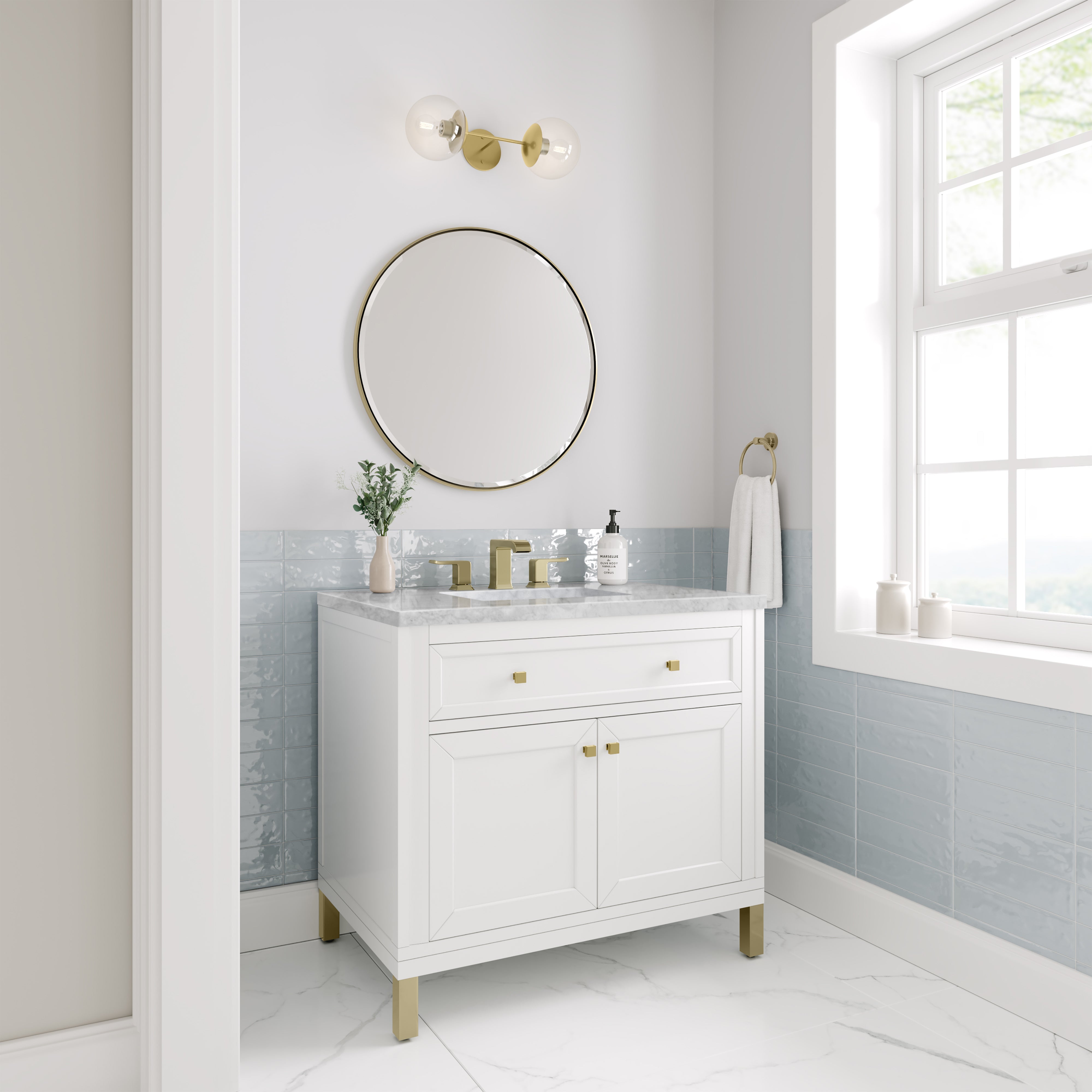 Chicago 36 Inch Single Bathroom Vanity Set with Glossy White Finish & 3CM Carrara Marble Countertop – Perfect for Modern Master Bathrooms & Powder Rooms