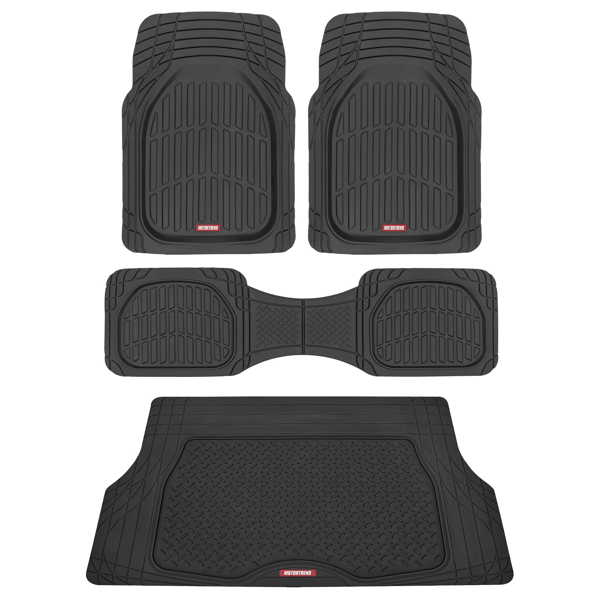 Motor Trend FlexTough Black Rubber Car Floor Mats with Cargo Liner - Heavy Duty All Weather Automotive Floor Mats for Cars, Trucks, Vans & SUVs | Trim-to-Fit Design, Odorless Protection | Perfect for Daily Commutes, Road Trips & Off-Road Adventures