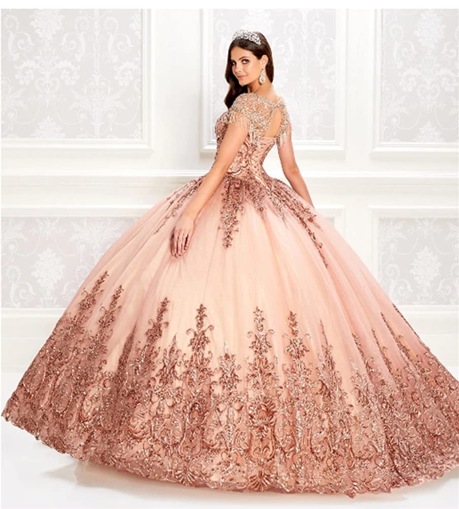 Elegant Snow Lotus Women's Embroidered Quinceañera Ball Gown with Lace Floral Applique & Bead Details - Princess Sweet 16 Dresses for Quinceañera, Prom, Wedding & Special Occasions