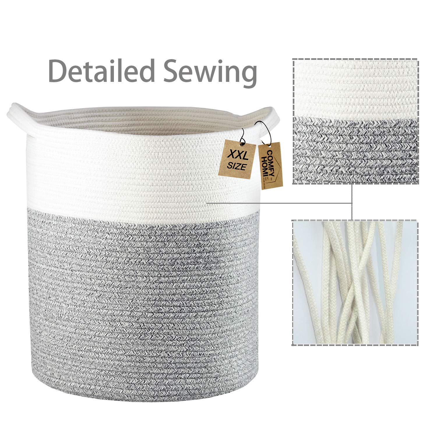 COMFY-HOMI 4-Piece Woven Rope Basket Set - 1 Large Laundry Basket (21x21x13.6