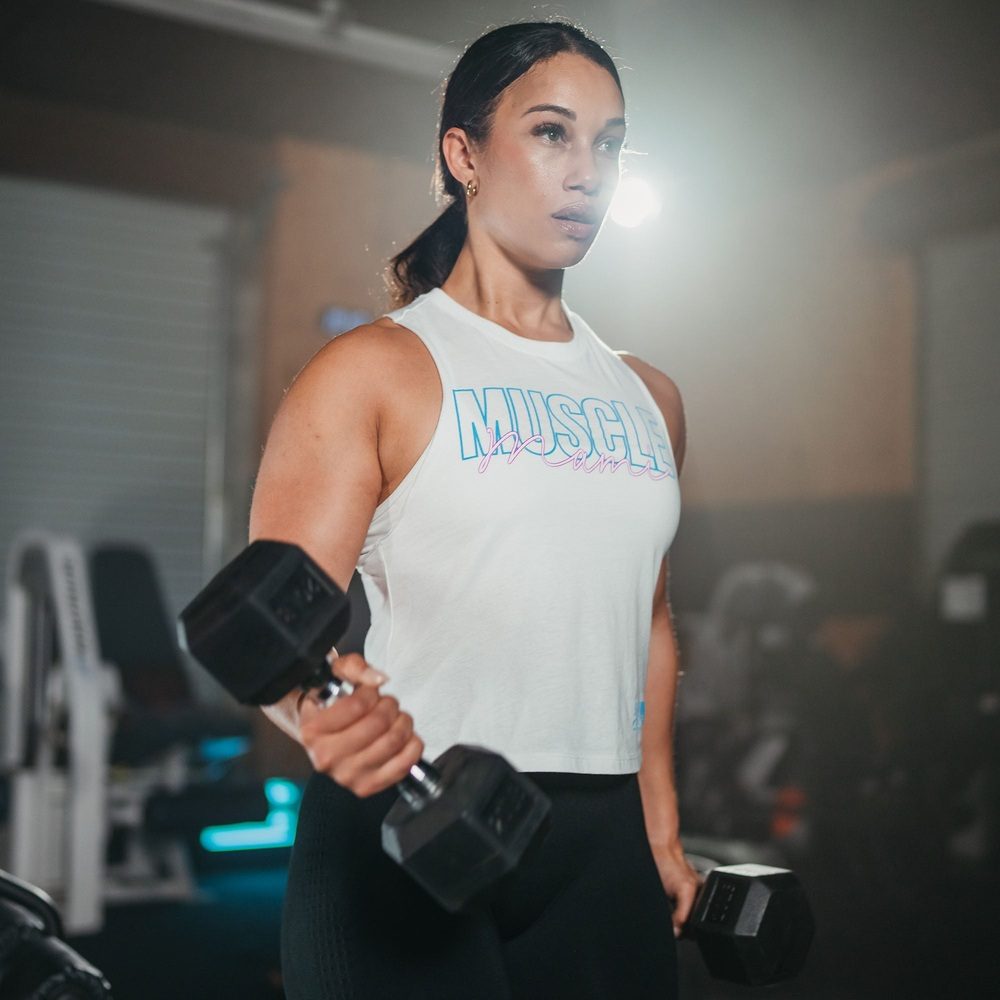 Women's Muscle Mami Racerback Cropped Tank Top - White | Workout & Gym Essential | Perfect for Yoga, Running & Fitness