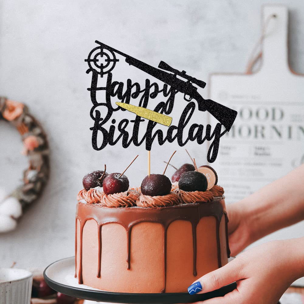 Qerleny Black Glitter Hunting Rifle Cake Topper - Realistic Bullet & Gun Cake Decor for Hunting Theme Parties, Birthday Celebrations & Outdoor Adventure Events
