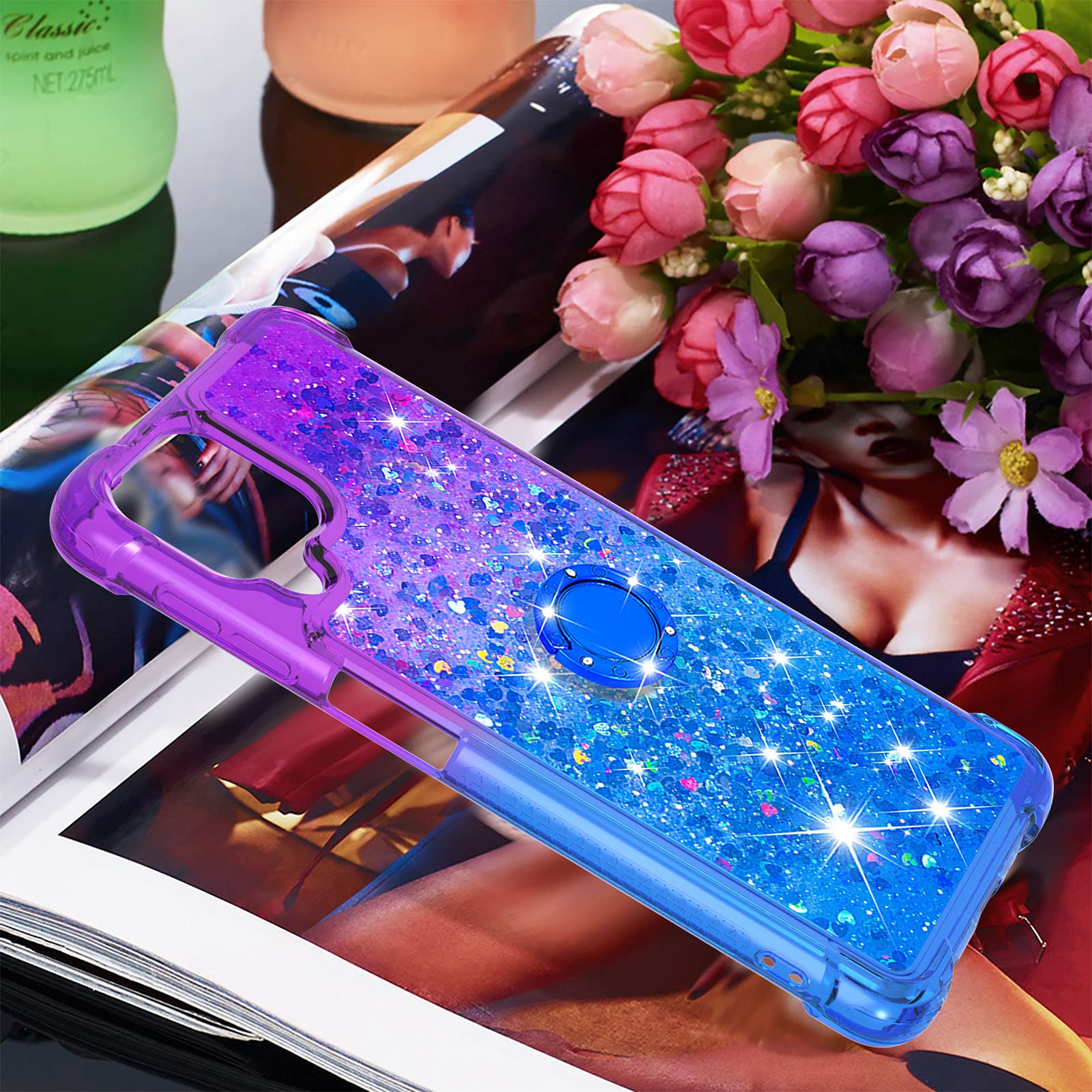 Samsung Galaxy A22 4G Case with Ring Holder - Clear Gradient Quicksand Glitter TPU Cover (Not for 5G Model) | Floating Liquid Design in JB Purple Navy | Perfect for Daily Use, Work & Travel Protection