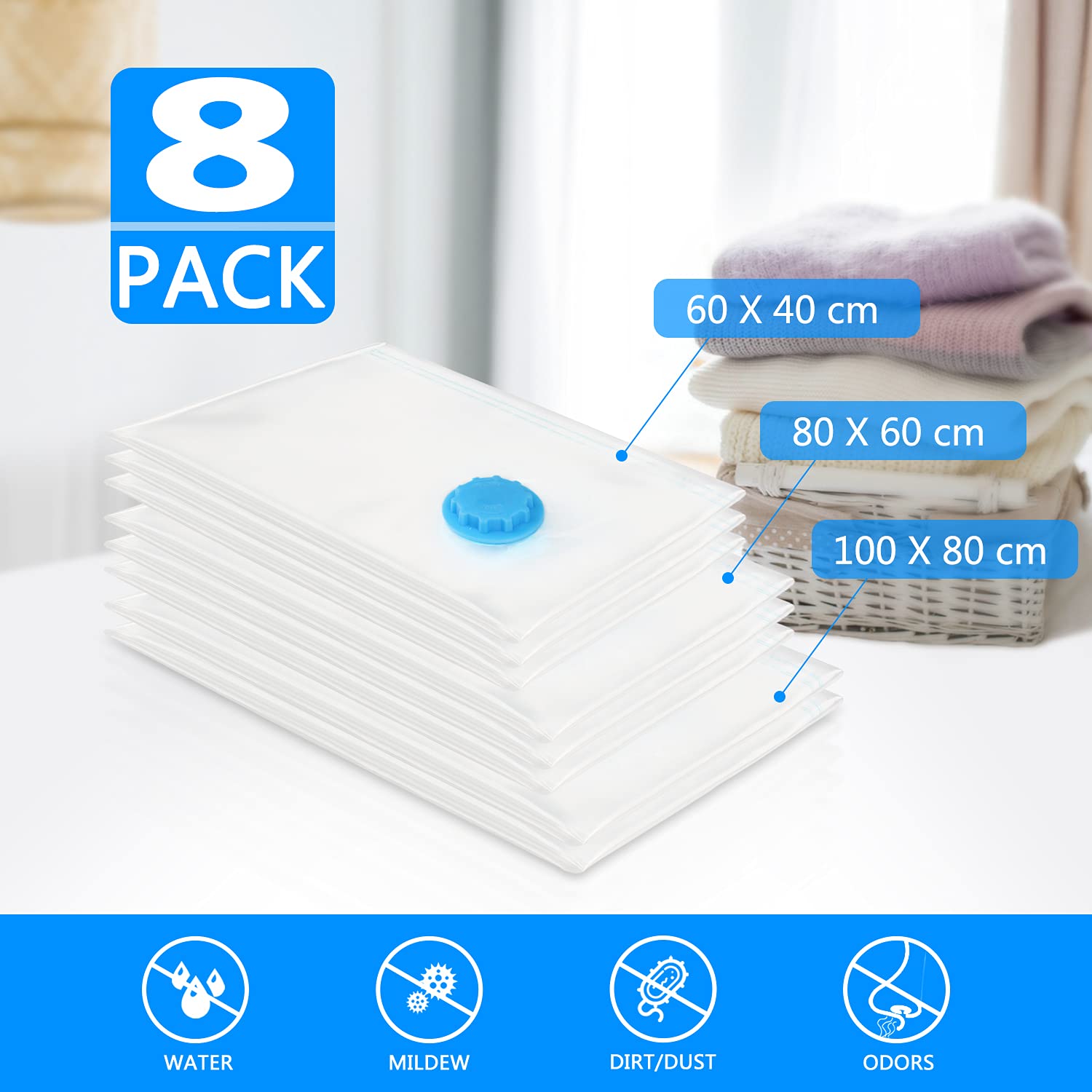 8 Pack Vacuum Storage Bags - Space Saver Bags (2 Jumbo/3 Large/3 Small) for Clothes, Comforters, Blankets & Bedding | Save 80% Storage Space | Perfect for Travel, Seasonal Storage & Home Organization