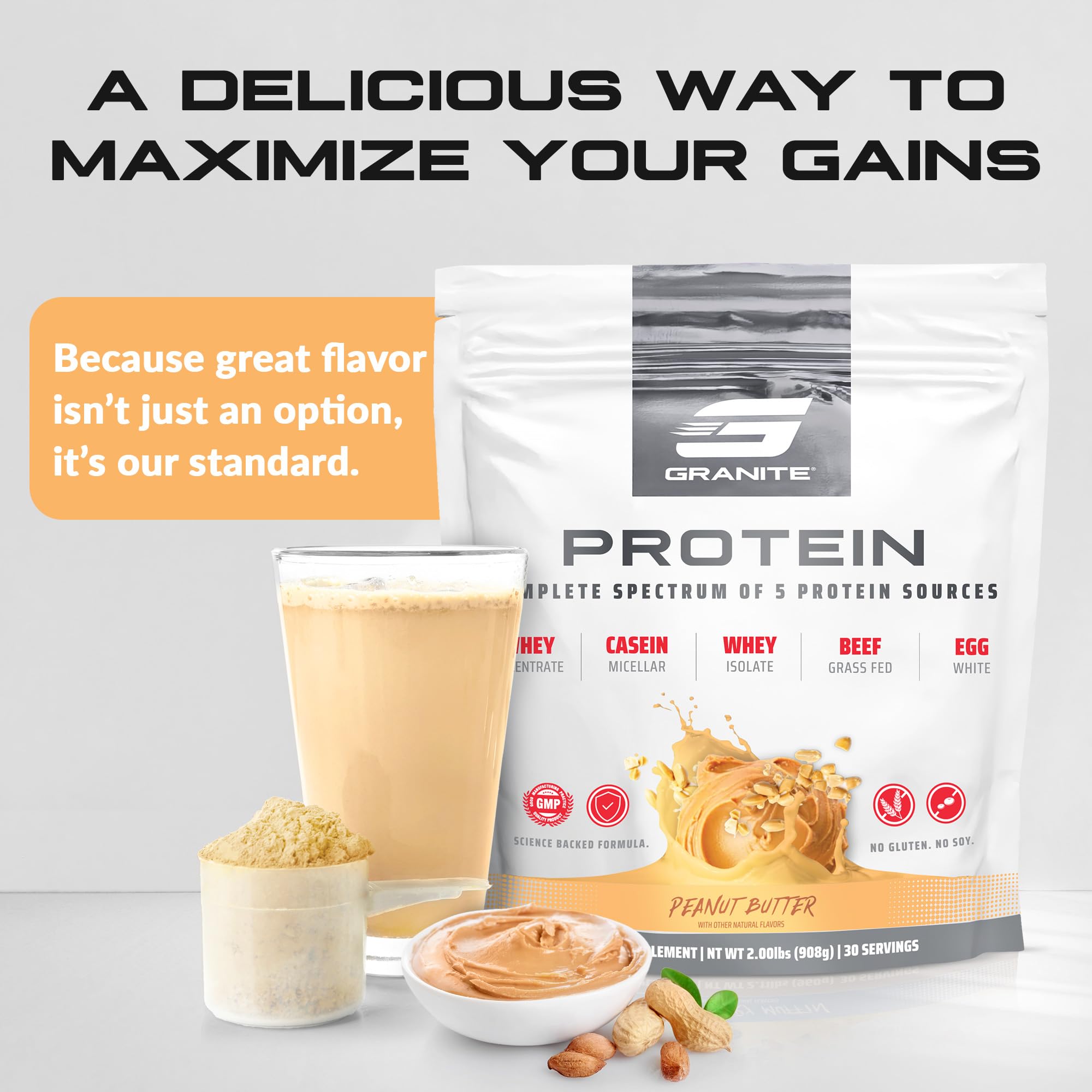 Granite Nutrition Protein Powder - Premium 5-Source Blend (Whey, Casein, Egg, Grass-Fed Beef) for Lean Muscle Growth & Recovery - Peanut Butter Flavor, 30 Servings - Ideal for Post-Workout, Weight Management & Healthy Lifestyle