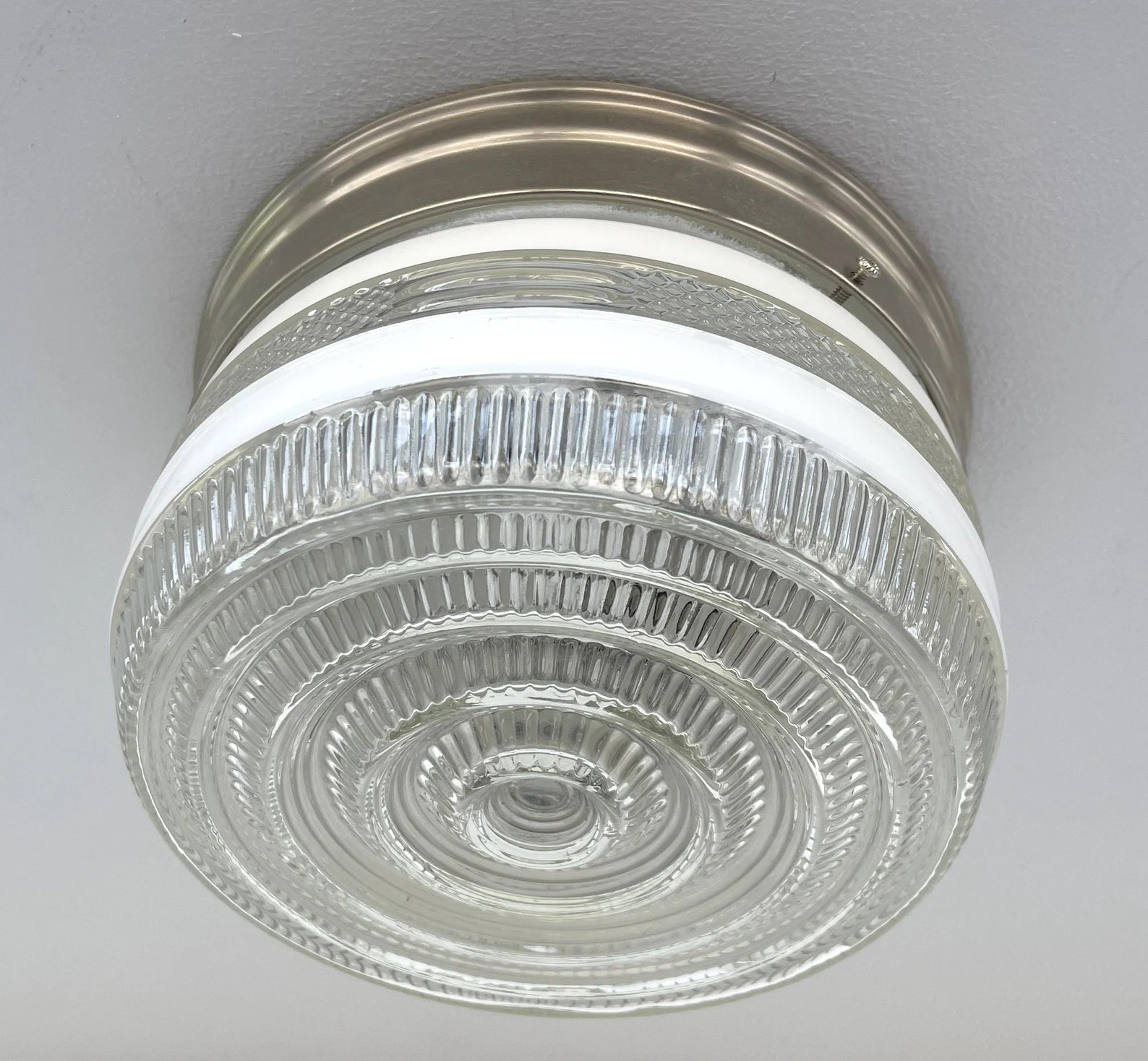 Vintage 1960s Retro Drum Flush Mount Ceiling Light Fixture - Brushed Nickel Finish - Perfect for Mid-Century Modern Living Room, Bedroom or Dining Room Lighting
