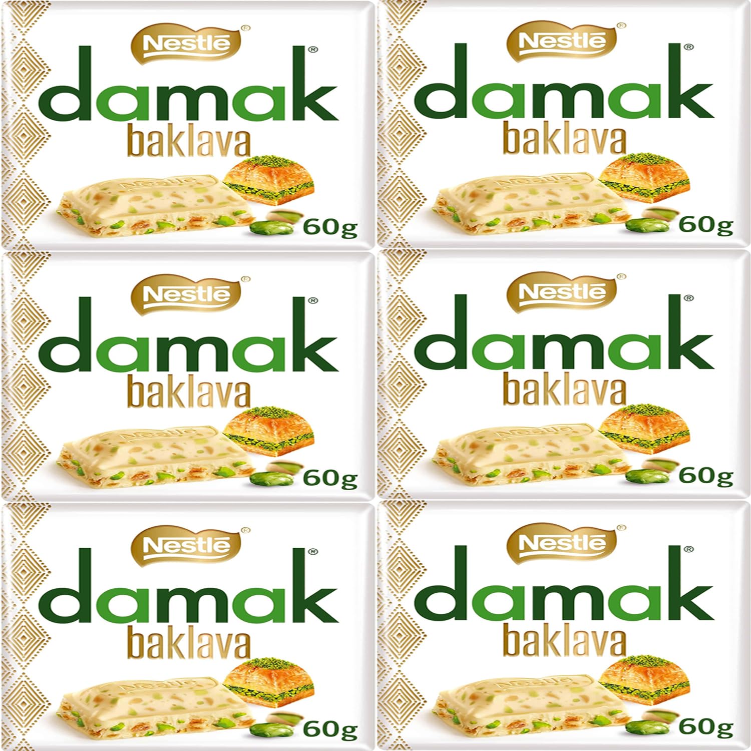 Premium Damak Baklava 60g (Pack of 6) - White Chocolate Covered Turkish Pistachio Delights | Authentic Turkish Dessert for Gifting, Parties & Special Occasions