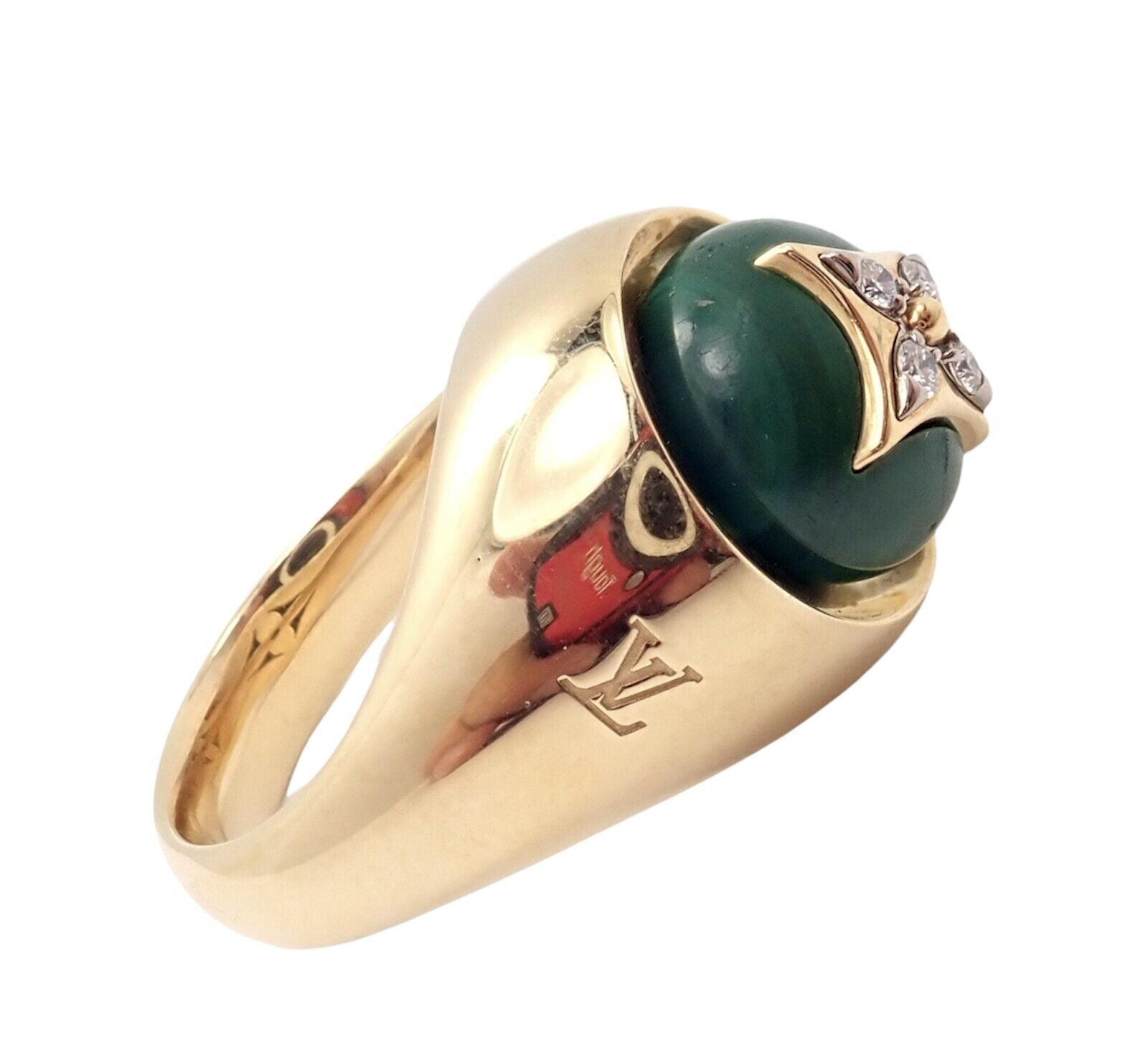 Authentic Louis Vuitton LV 18k Yellow Gold Diamond Malachite Blossom Signet Ring for Women - Luxury Fashion Jewelry Gift for Anniversary, Valentine's Day & Special Occasions